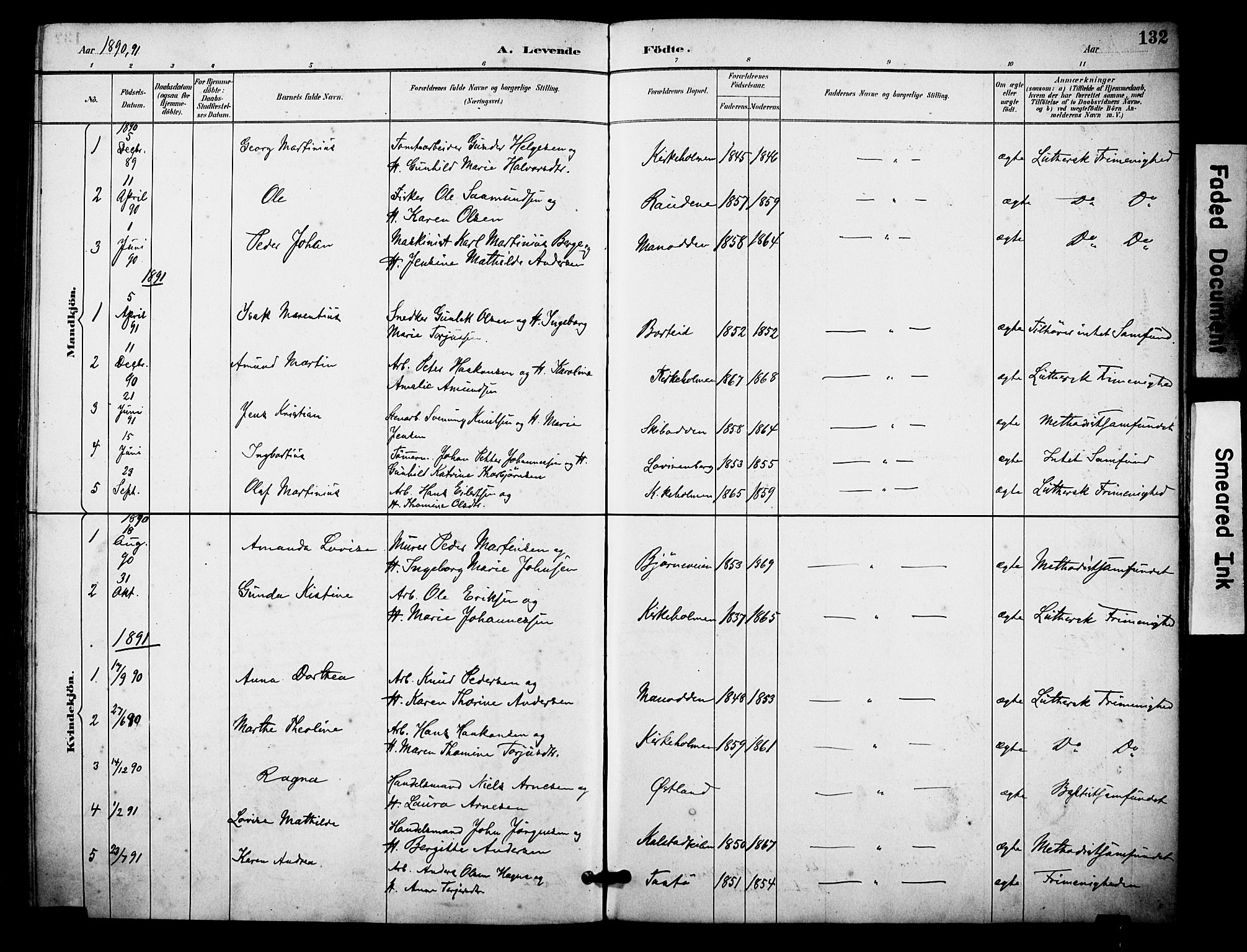 Skåtøy kirkebøker, AV/SAKO-A-304/F/Fa/L0002: Parish register (official) no. I 2, 1884-1899, p. 132