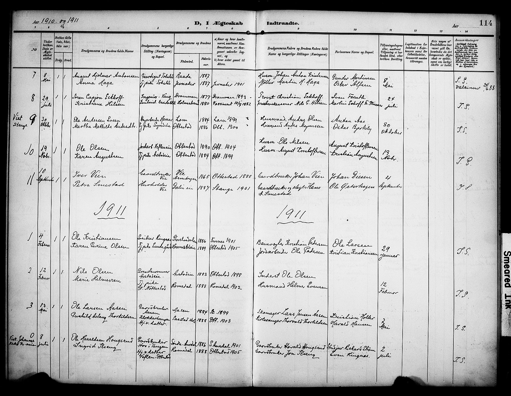Stange prestekontor, SAH/PREST-002/K/L0022: Parish register (official) no. 22, 1903-1914, p. 114