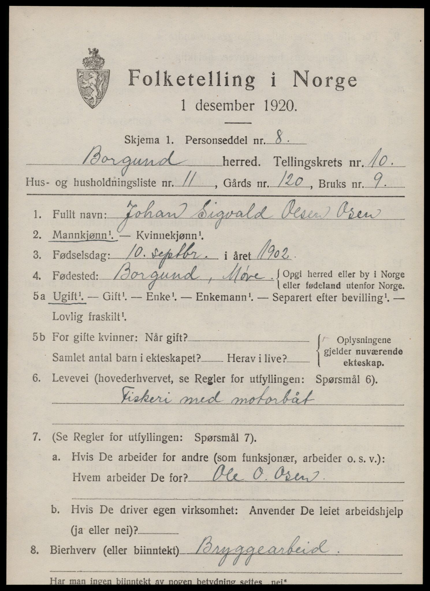 SAT, 1920 census for Borgund, 1920, p. 9312