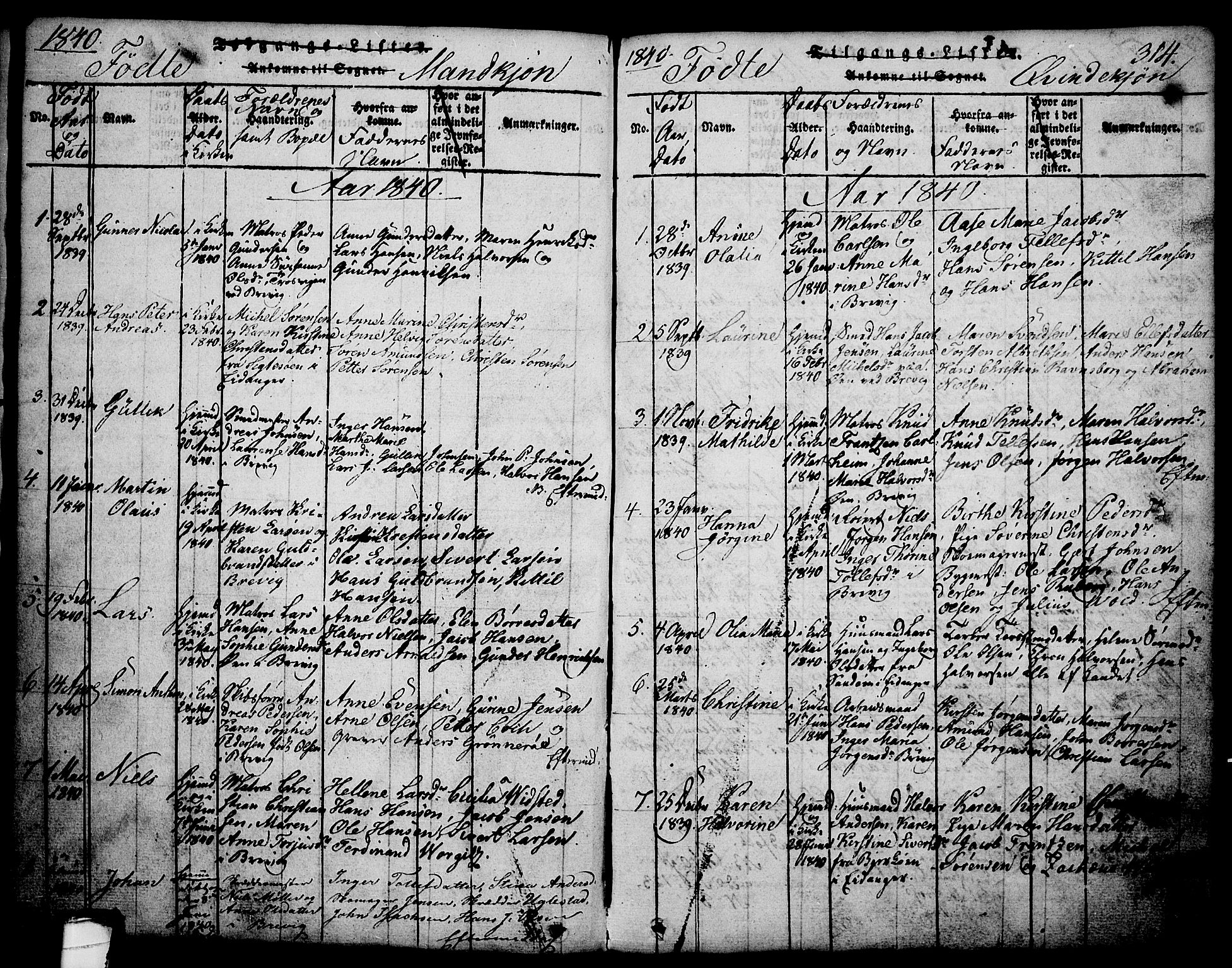 Brevik kirkebøker, AV/SAKO-A-255/G/Ga/L0001: Parish register (copy) no. 1, 1814-1845, p. 314