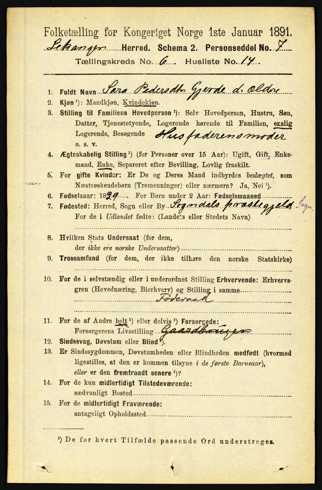 RA, 1891 census for 1419 Leikanger, 1891, p. 1201