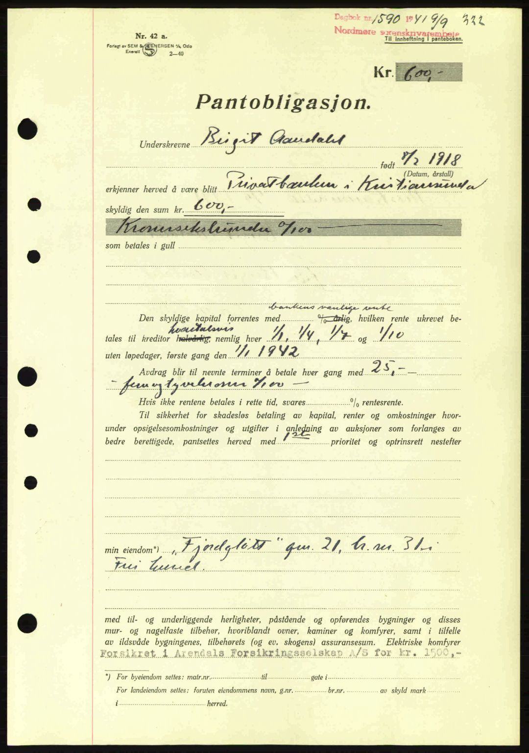 Nordmøre sorenskriveri, AV/SAT-A-4132/1/2/2Ca: Mortgage book no. B88, 1941-1942, Diary no: : 1590/1941