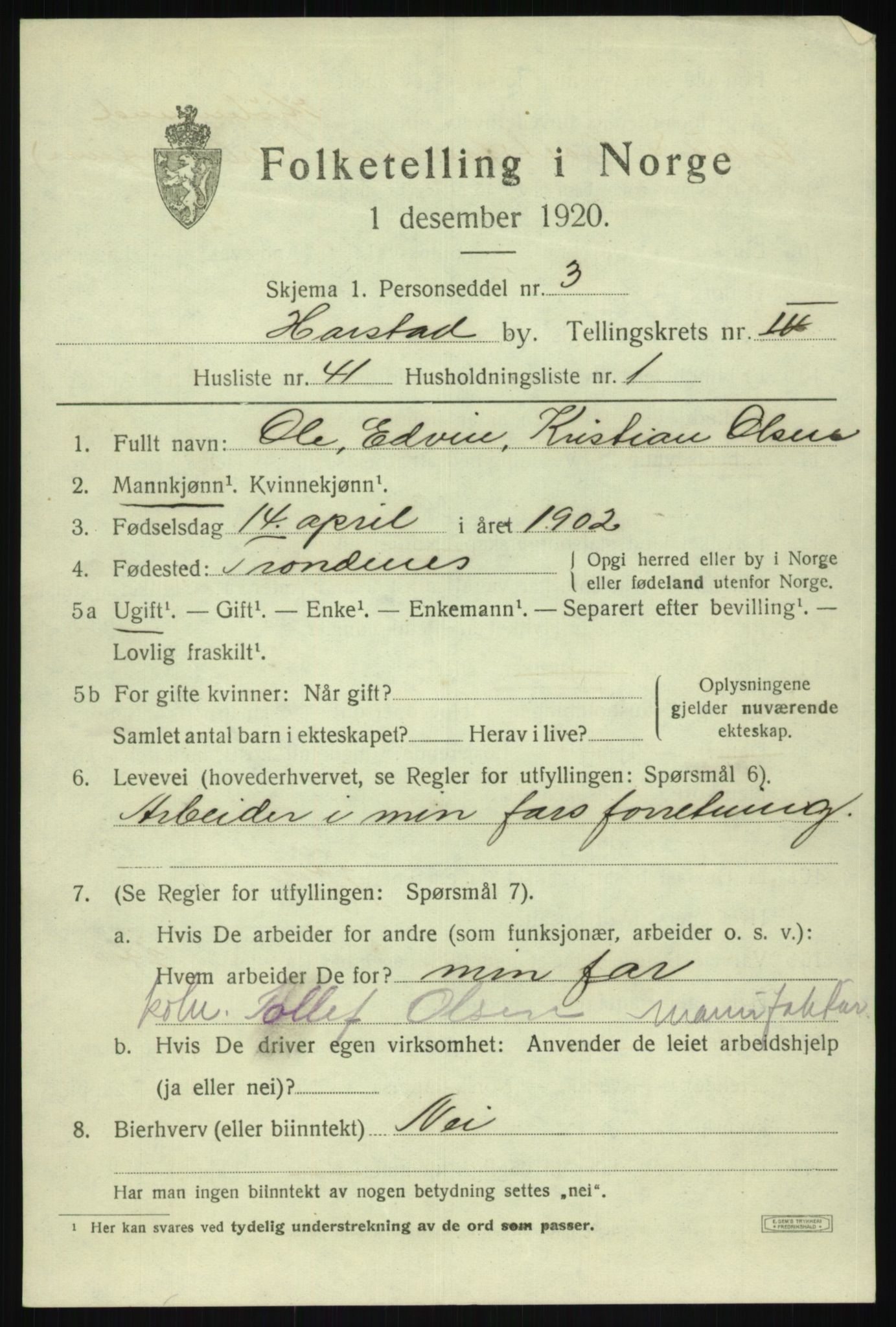 SATØ, 1920 census for Harstad, 1920, p. 6042