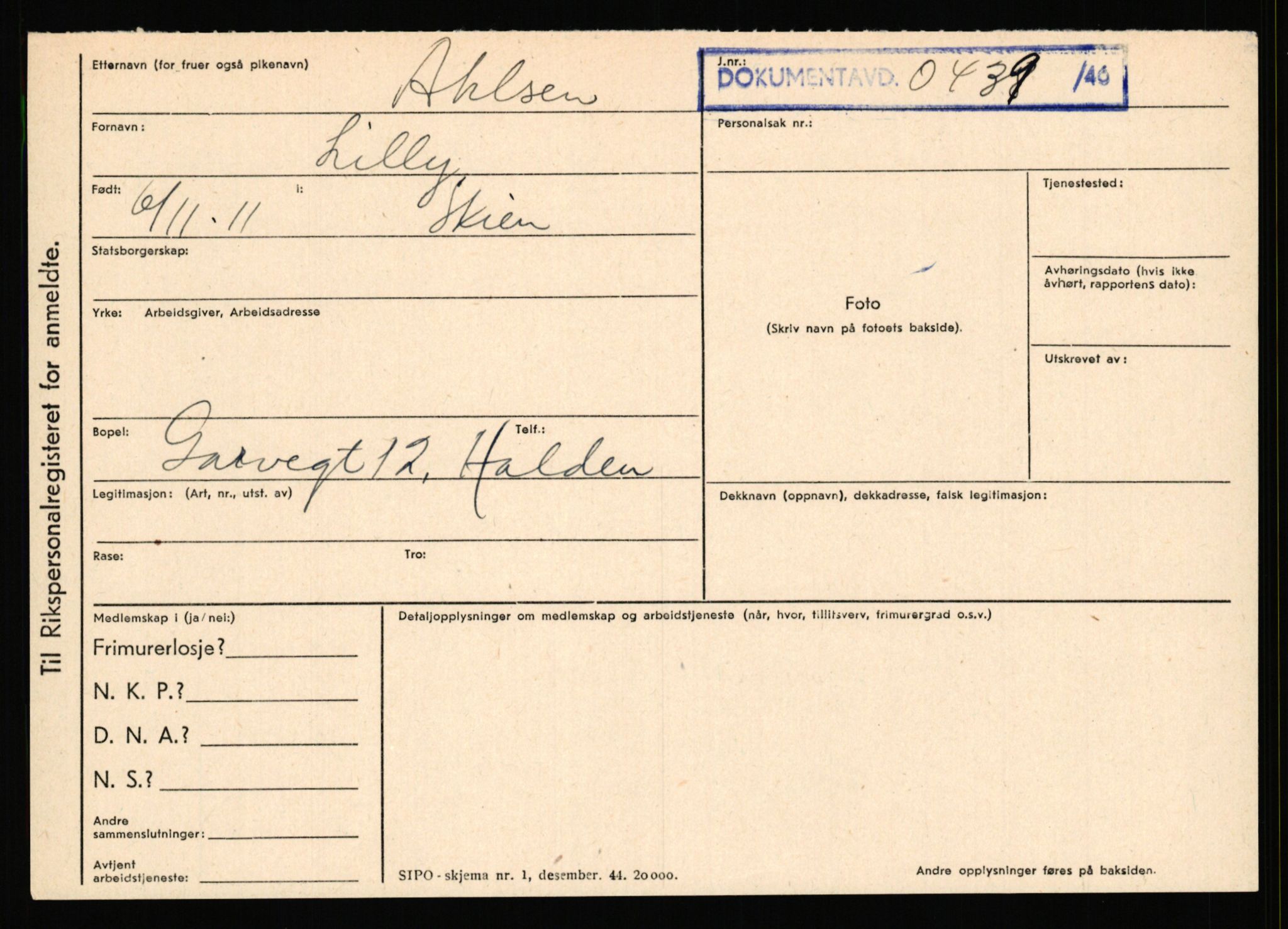 Statspolitiet - Hovedkontoret / Osloavdelingen, AV/RA-S-1329/C/Ca/L0001: Aabakken - Armann, 1943-1945, p. 1208