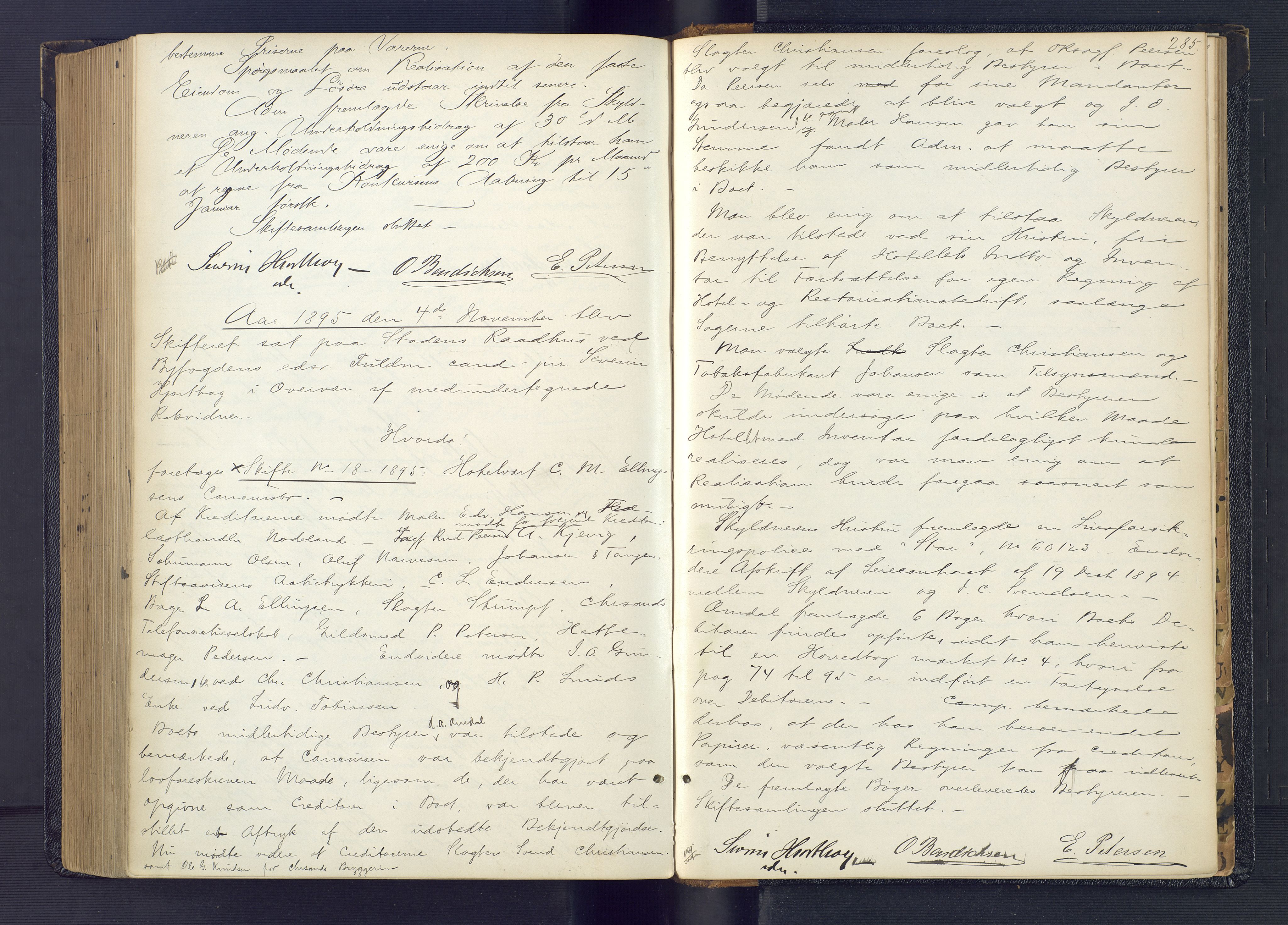 Kristiansand byrett, AV/SAK-1223-0001/H/Hc/L0044: Skifteforhandlingsprotokoll nr. 4, med register, 1890-1895, p. 285