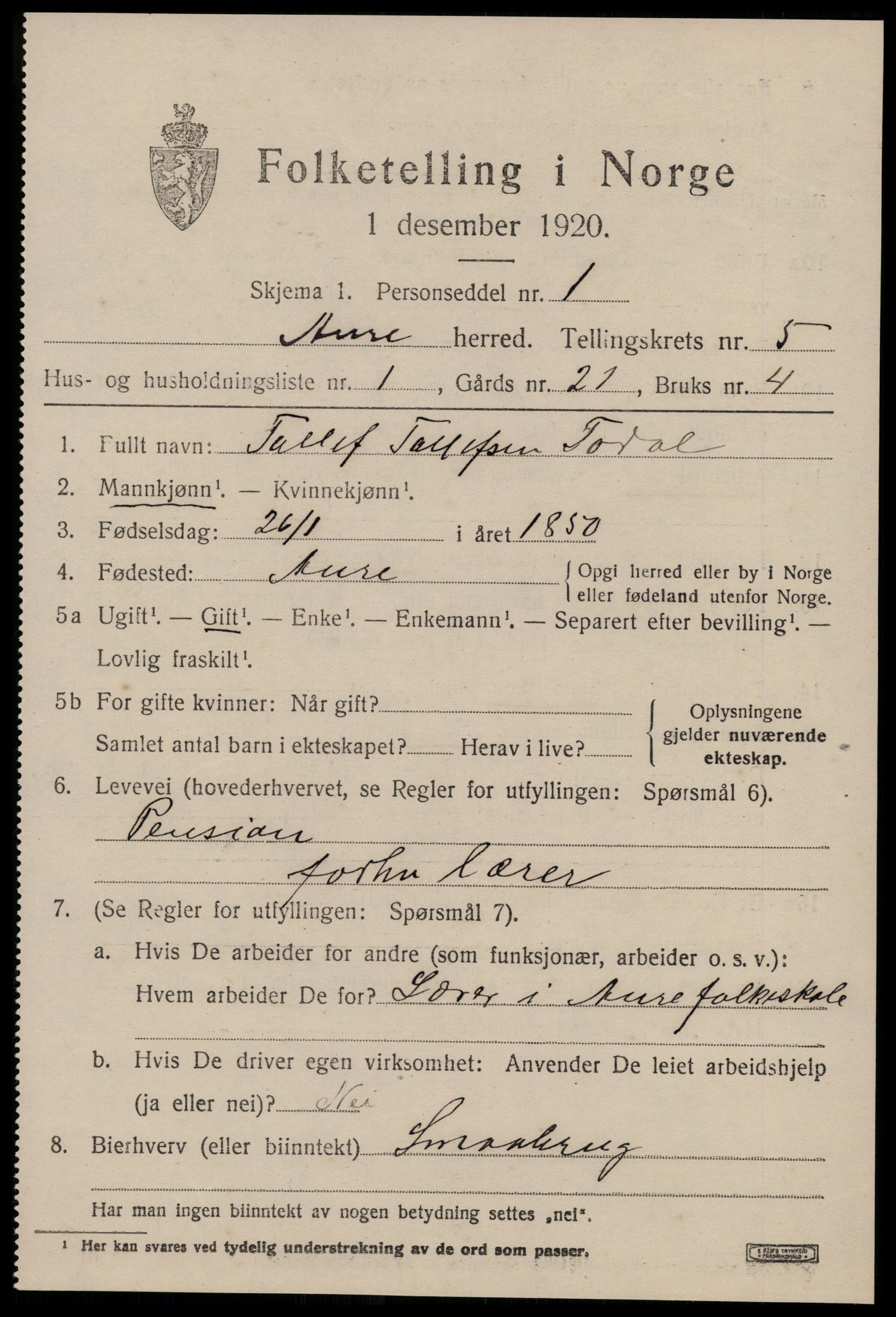 SAT, 1920 census for Aure, 1920, p. 2168