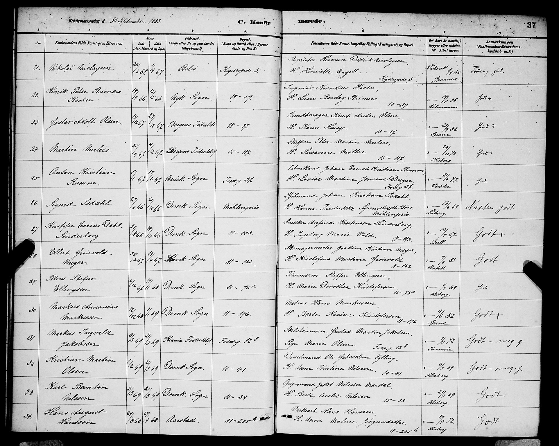 Domkirken sokneprestembete, AV/SAB-A-74801/H/Hab/L0024: Parish register (copy) no. C 4, 1880-1899, p. 37