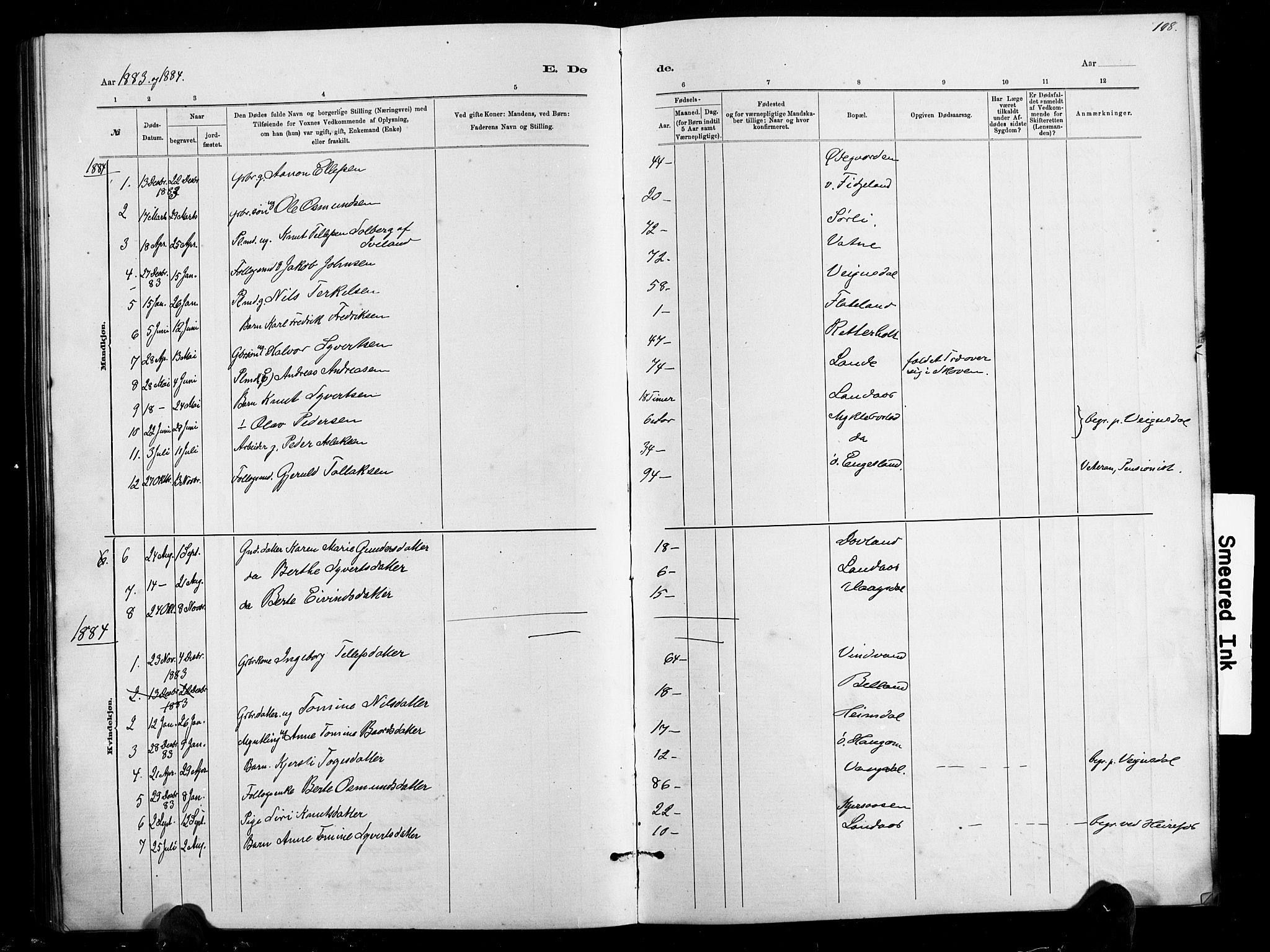 Herefoss sokneprestkontor, SAK/1111-0019/F/Fb/Fbb/L0002: Parish register (copy) no. B 2, 1879-1894, p. 108