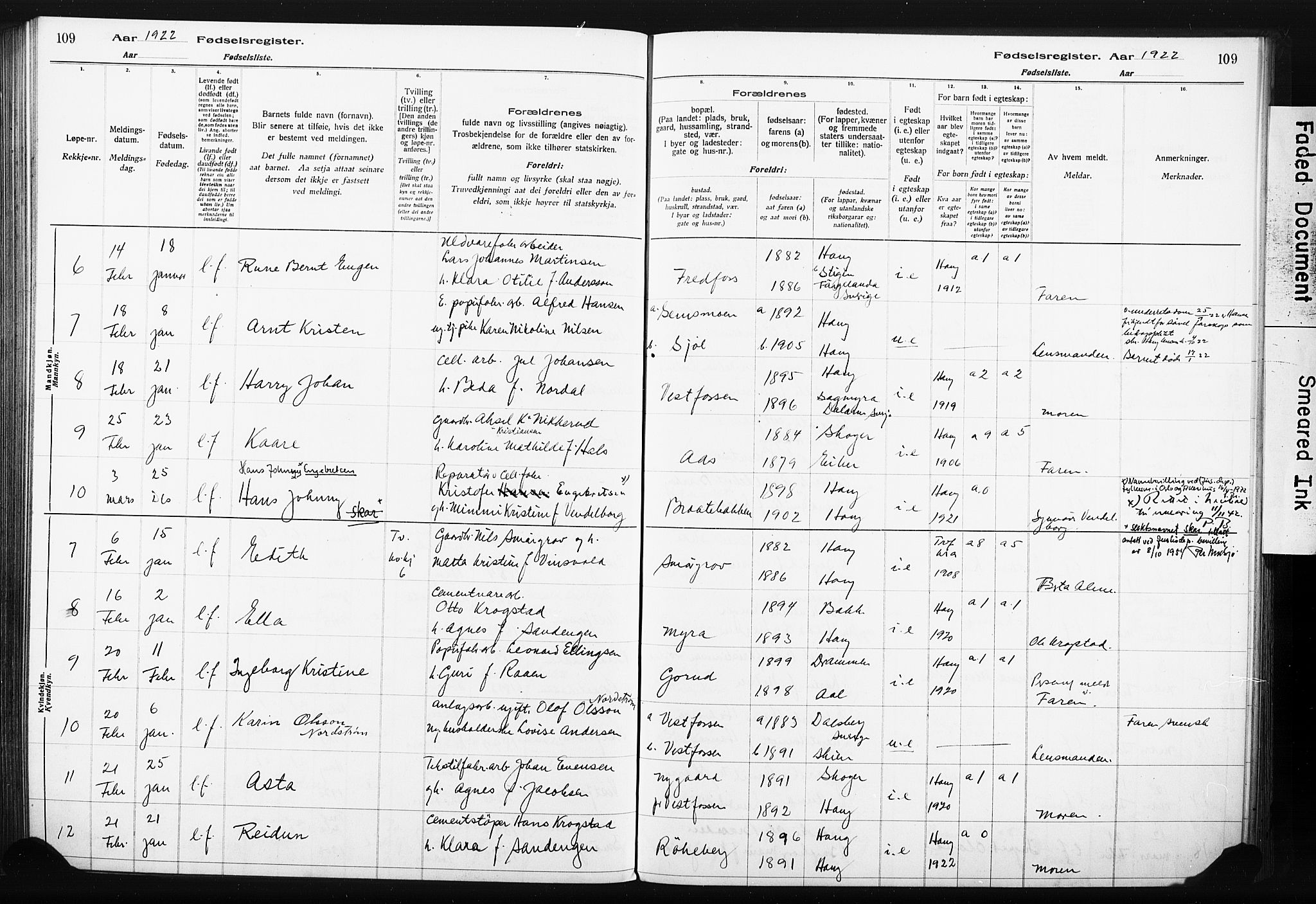 Eiker kirkebøker, AV/SAKO-A-4/J/Ja/L0001: Birth register no. I 1, 1916-1927, p. 109