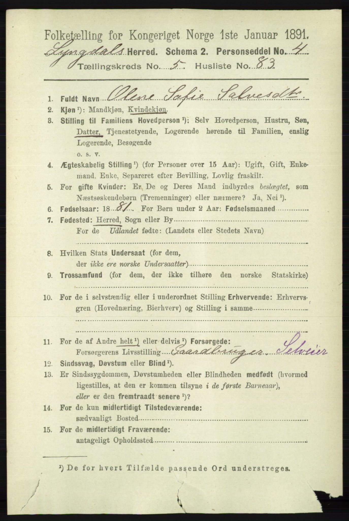 RA, 1891 census for 1032 Lyngdal, 1891, p. 2367