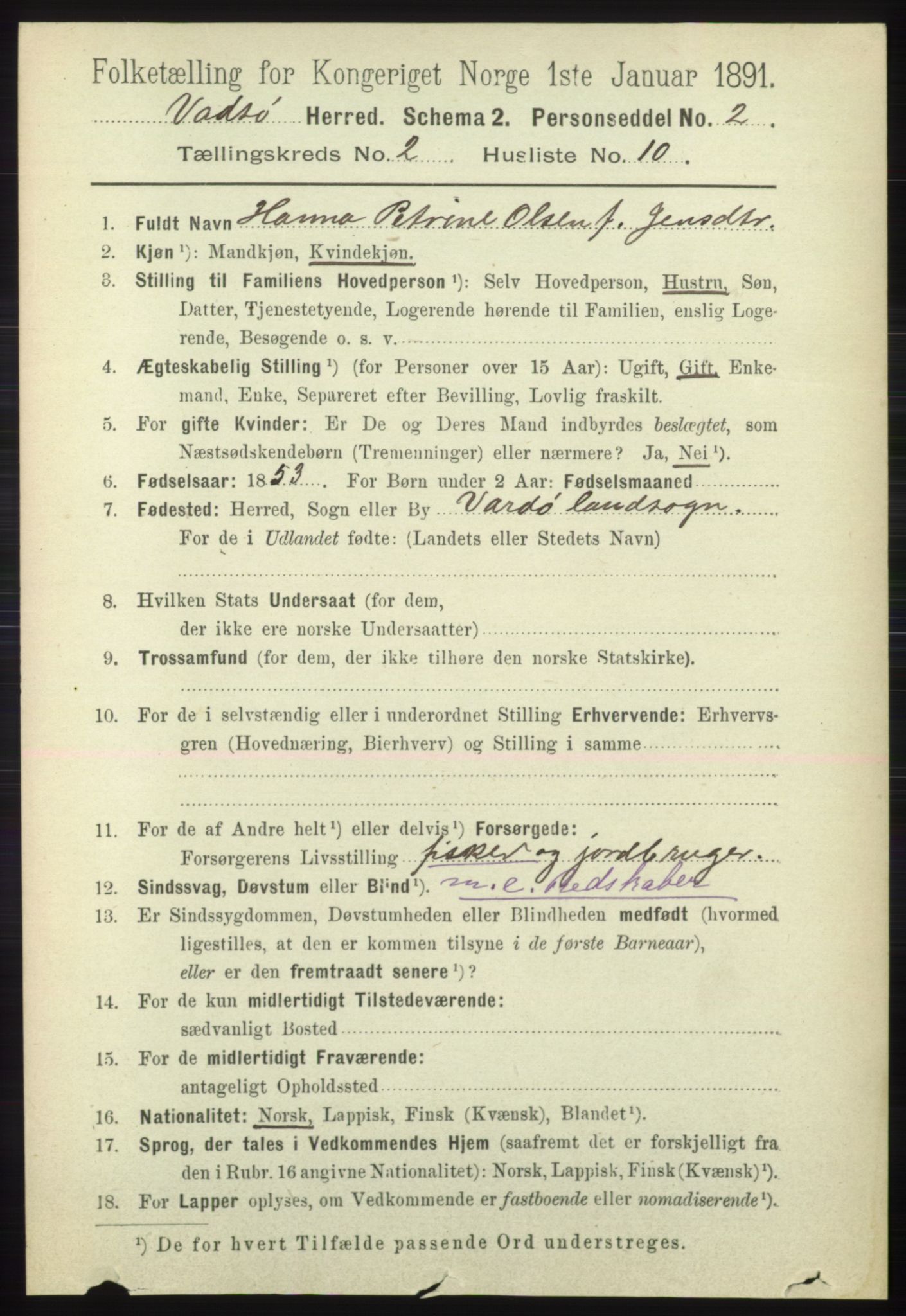 RA, 1891 census for 2029 Vadsø, 1891, p. 490