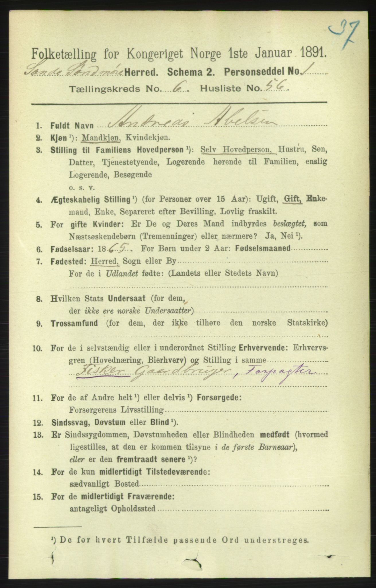 RA, 1891 census for 1514 Sande, 1891, p. 1352