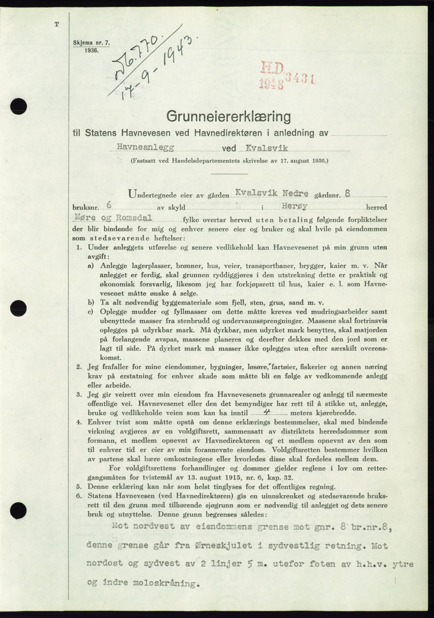 Søre Sunnmøre sorenskriveri, AV/SAT-A-4122/1/2/2C/L0075: Mortgage book no. 1A, 1943-1943, Diary no: : 770/1943