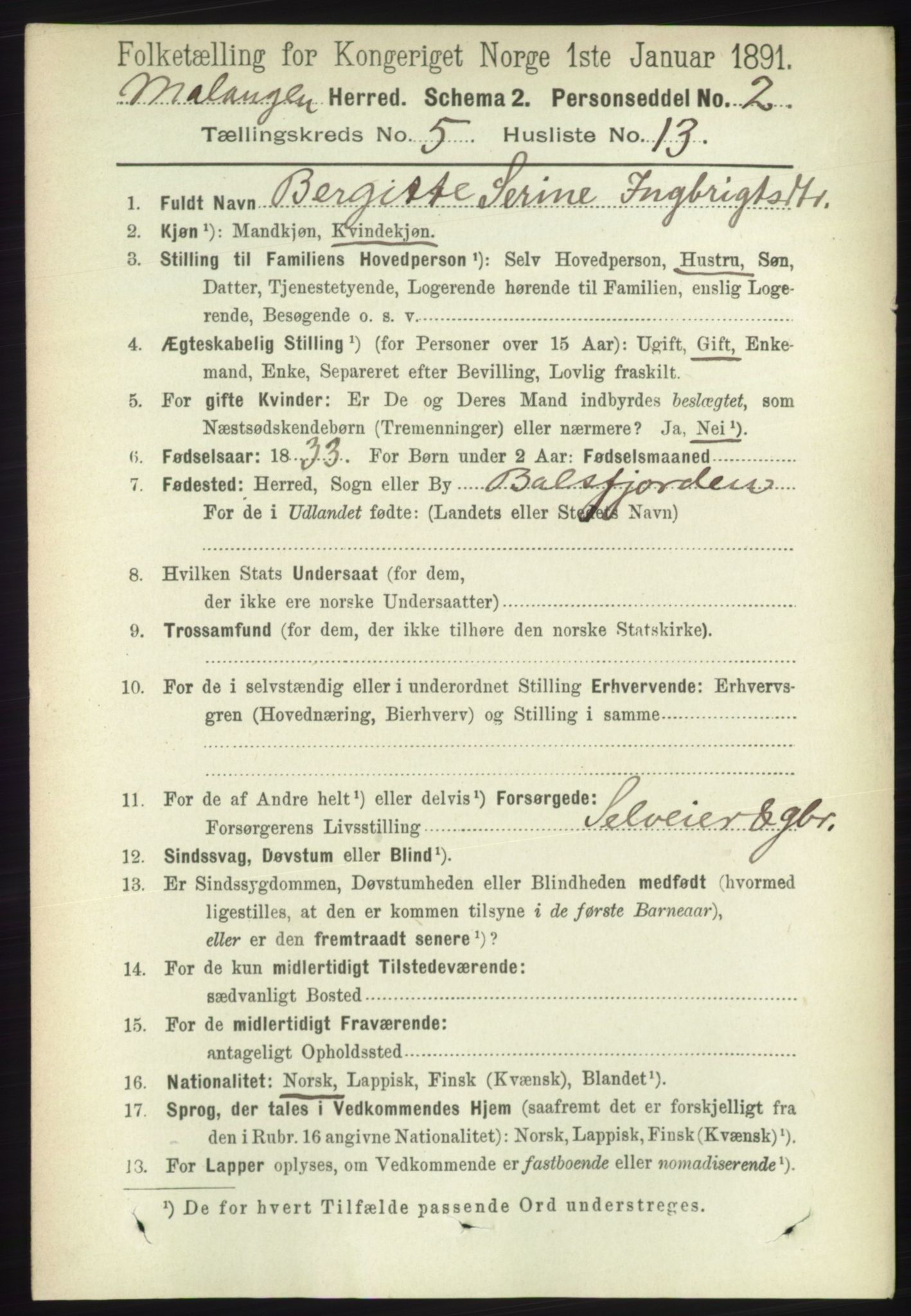 RA, 1891 census for 1932 Malangen, 1891, p. 1623