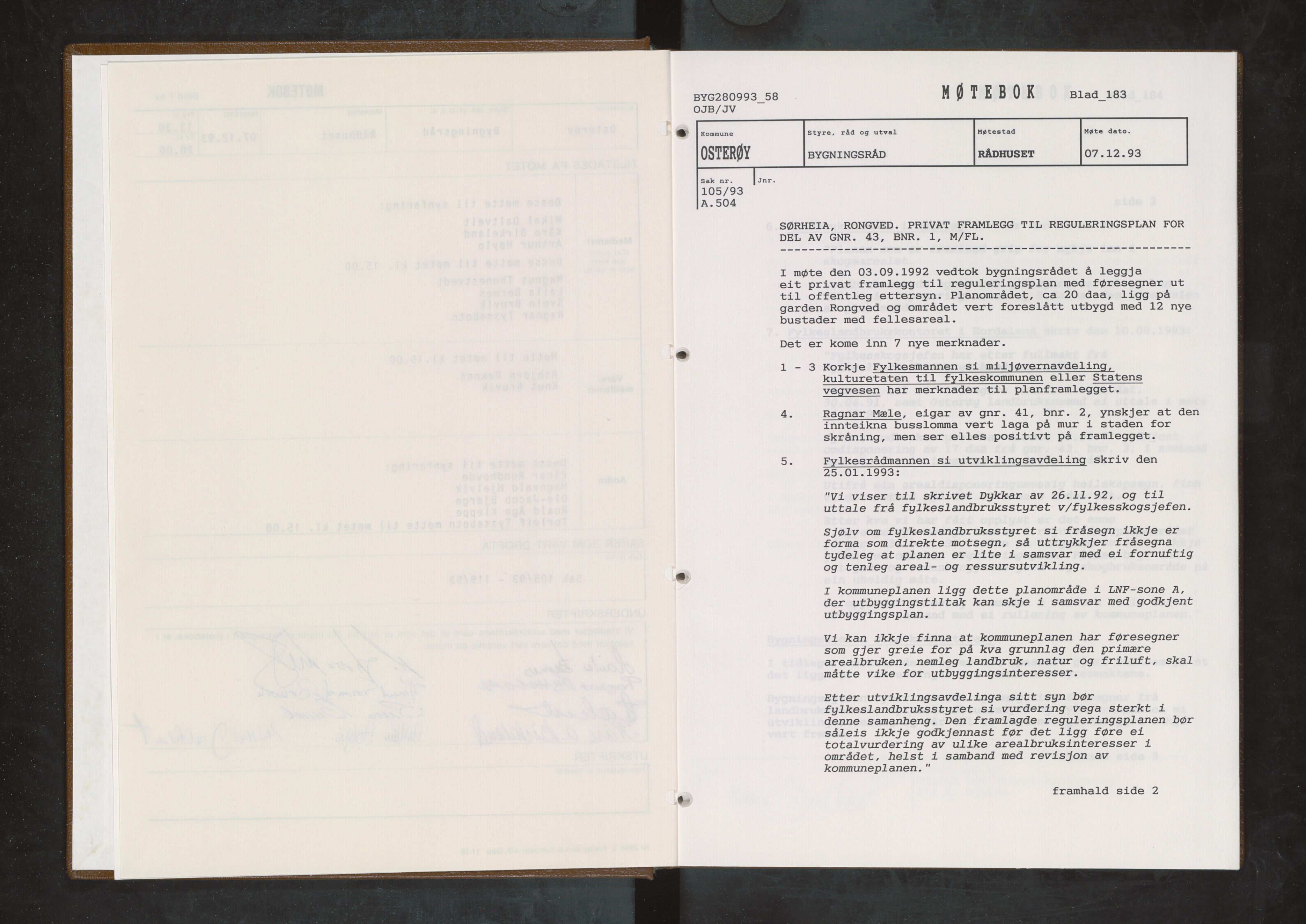 Osterøy kommune. Bygningsrådet, IKAH/1253b-511/A/Aa/L0028: Møtebok Osterøy bygningsråd, 1993