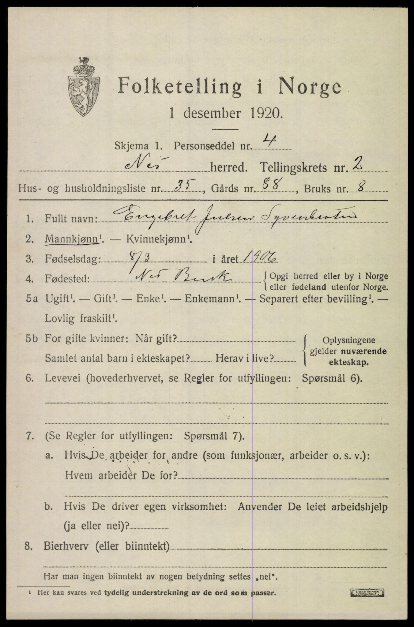 SAKO, 1920 census for Nes (Buskerud), 1920, p. 1622