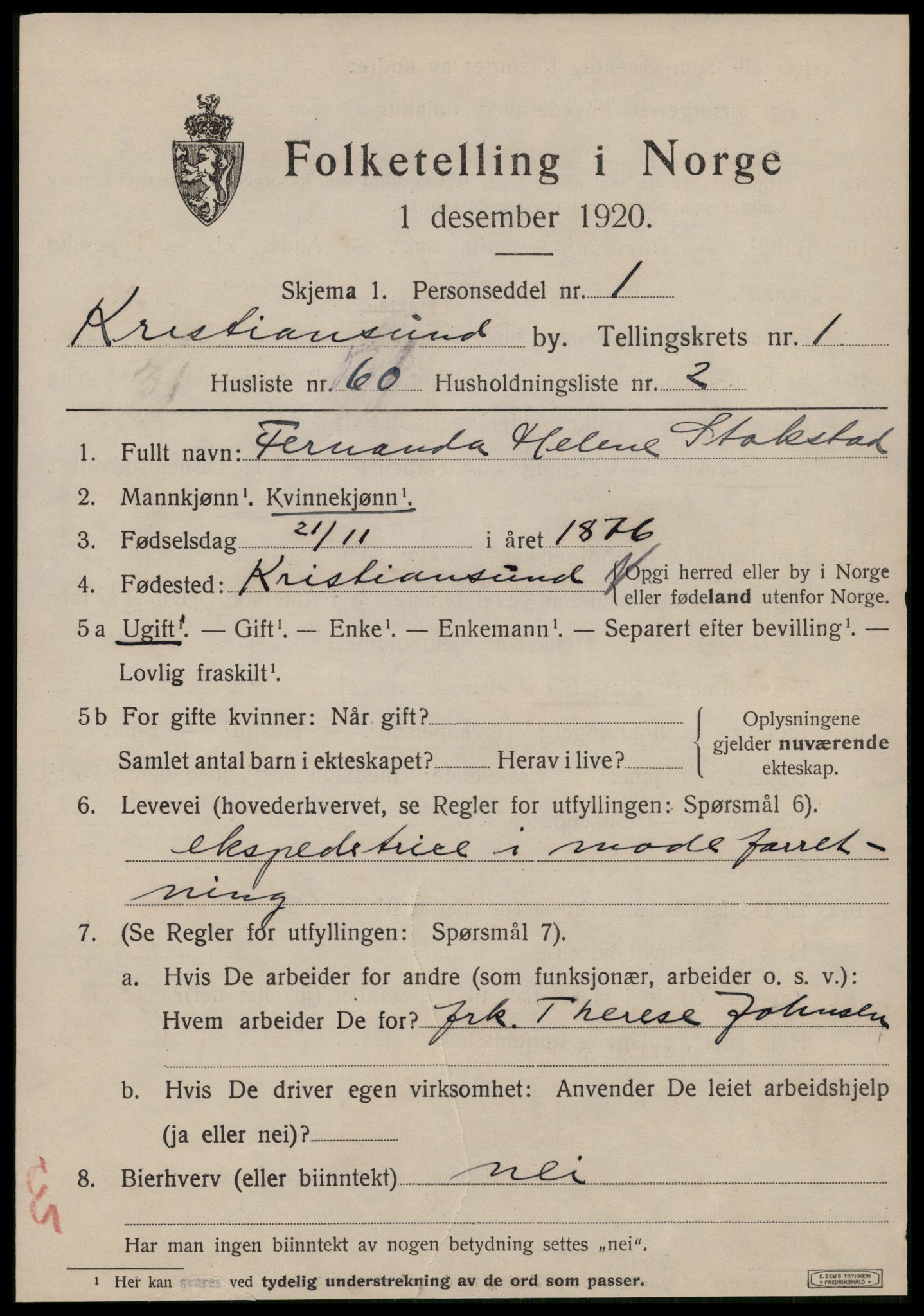 SAT, 1920 census for Kristiansund, 1920, p. 11437