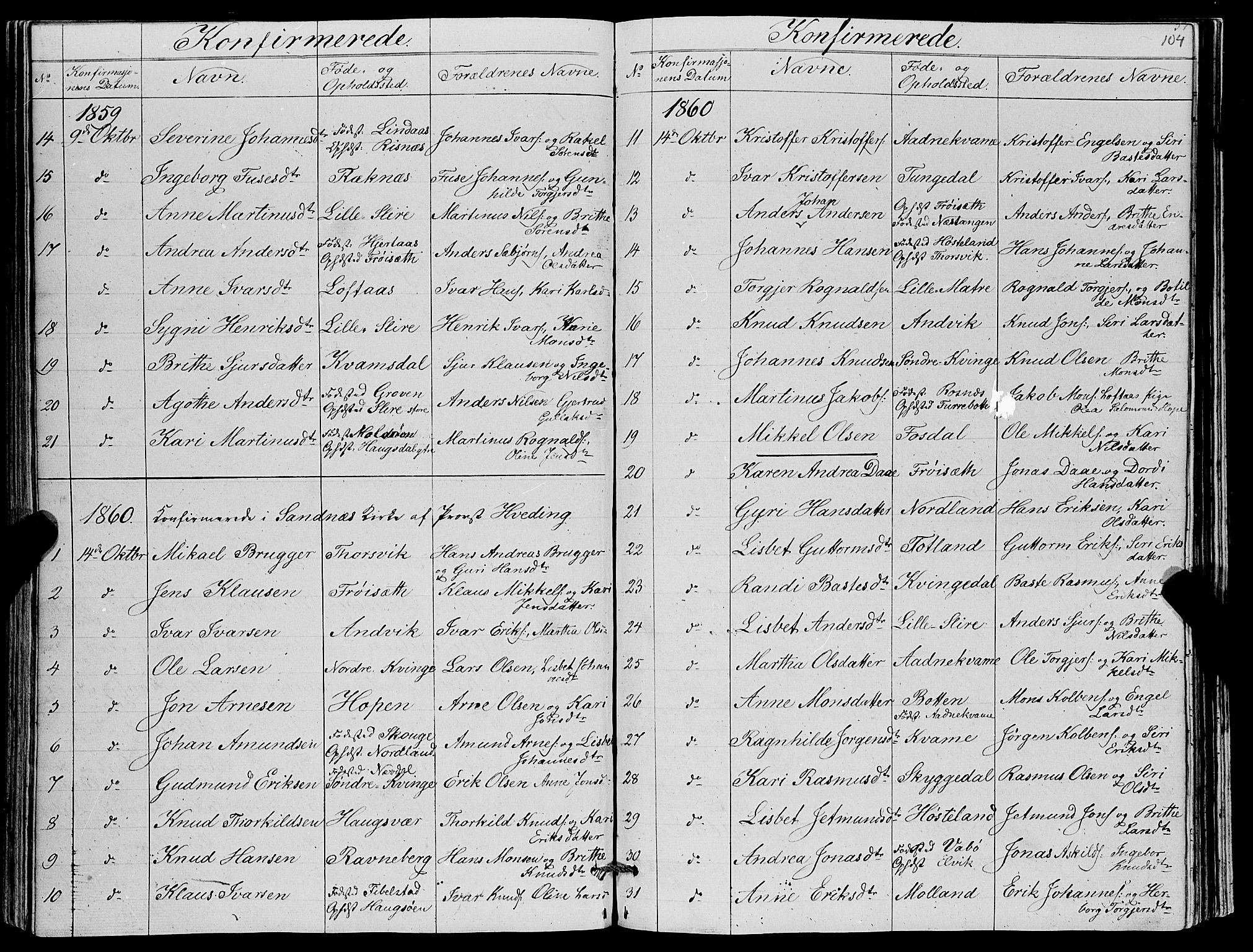 Masfjorden Sokneprestembete, SAB/A-77001: Parish register (copy) no. A 1, 1851-1875, p. 104