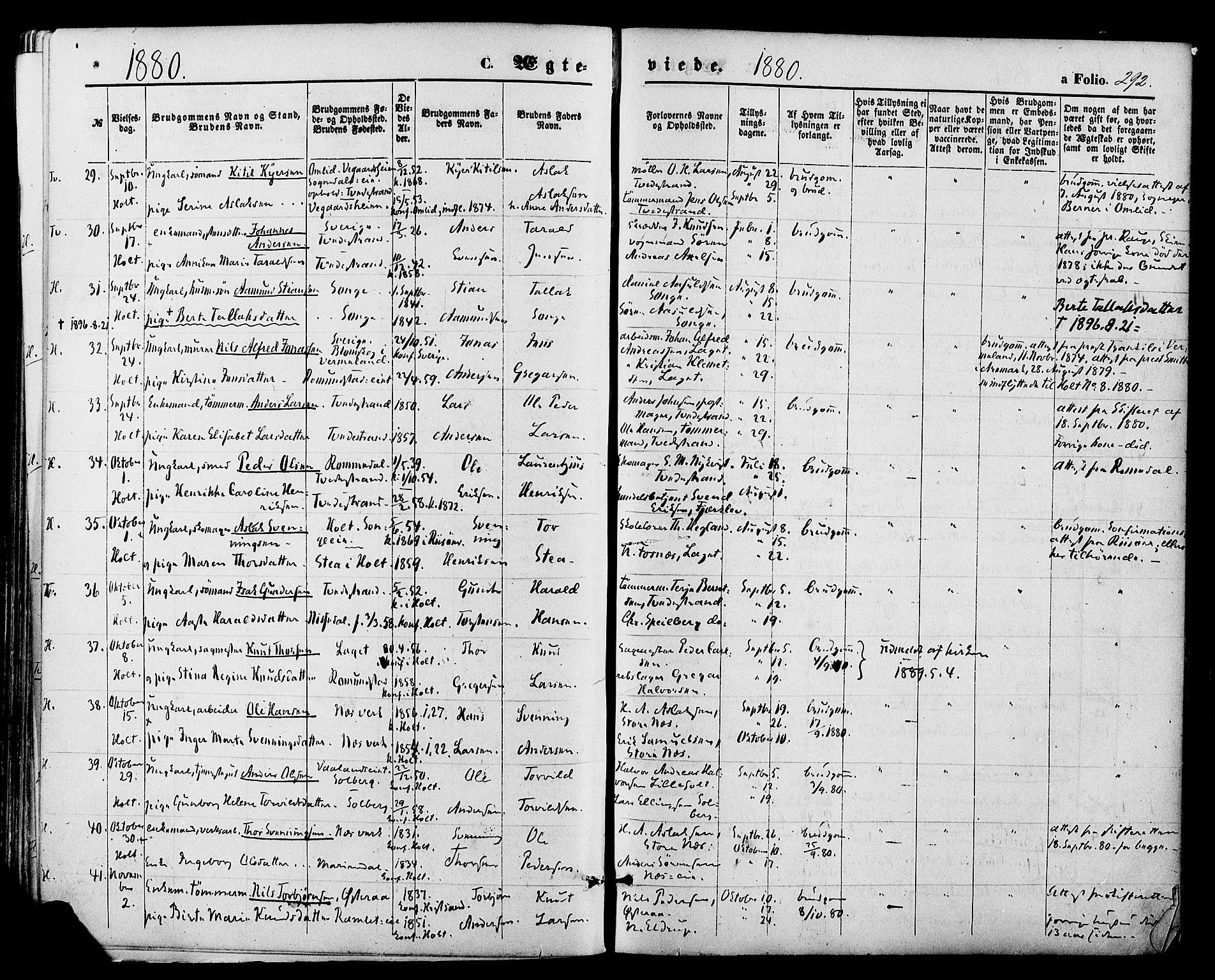 Holt sokneprestkontor, AV/SAK-1111-0021/F/Fa/L0010: Parish register (official) no. A 10, 1872-1885, p. 292