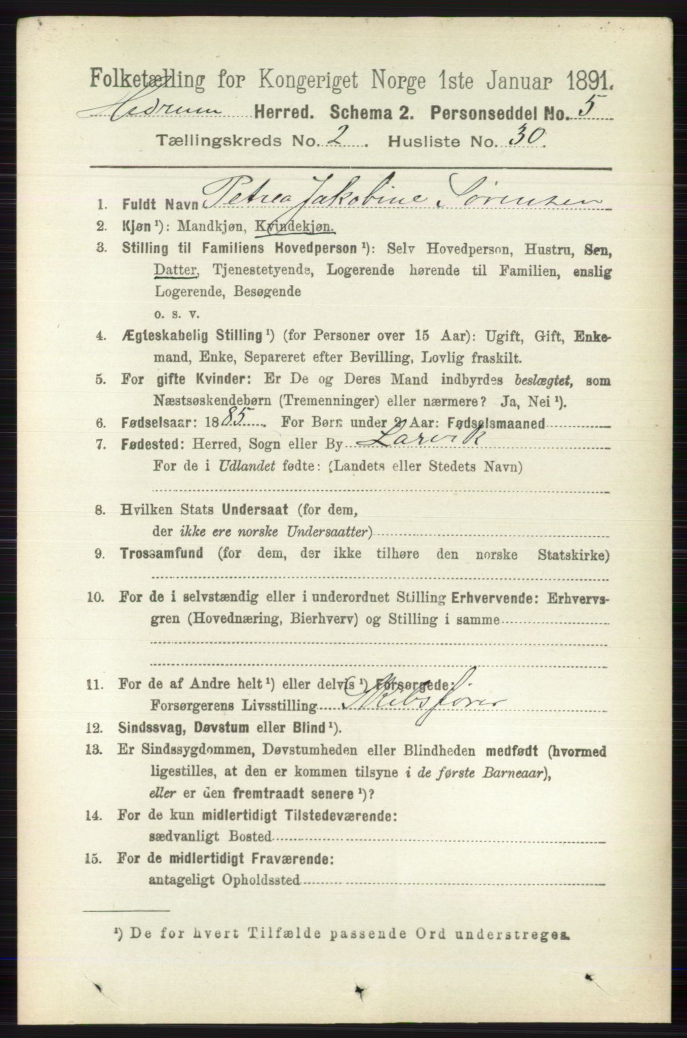 RA, 1891 census for 0727 Hedrum, 1891, p. 549