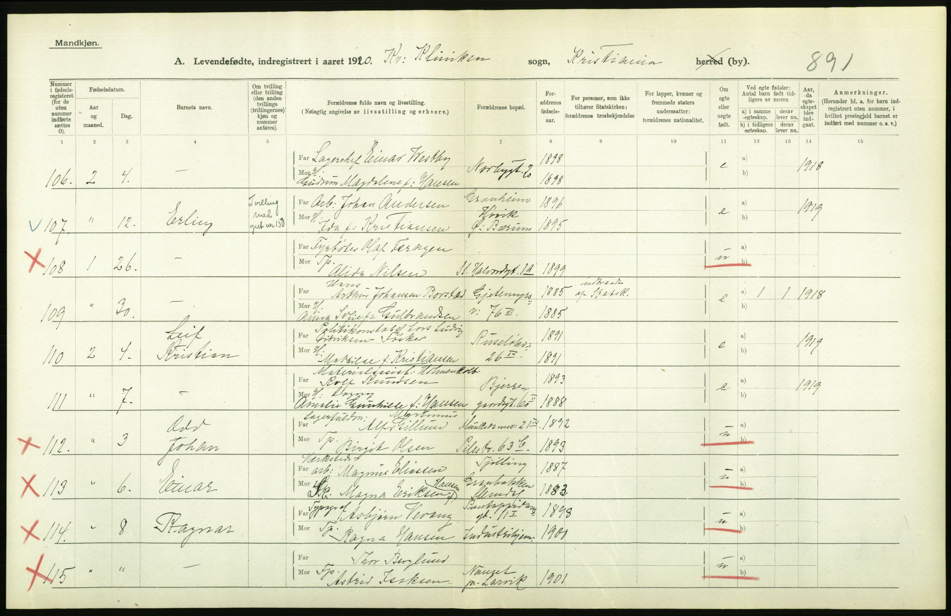 Statistisk sentralbyrå, Sosiodemografiske emner, Befolkning, RA/S-2228/D/Df/Dfb/Dfbj/L0008: Kristiania: Levendefødte menn og kvinner., 1920, p. 344