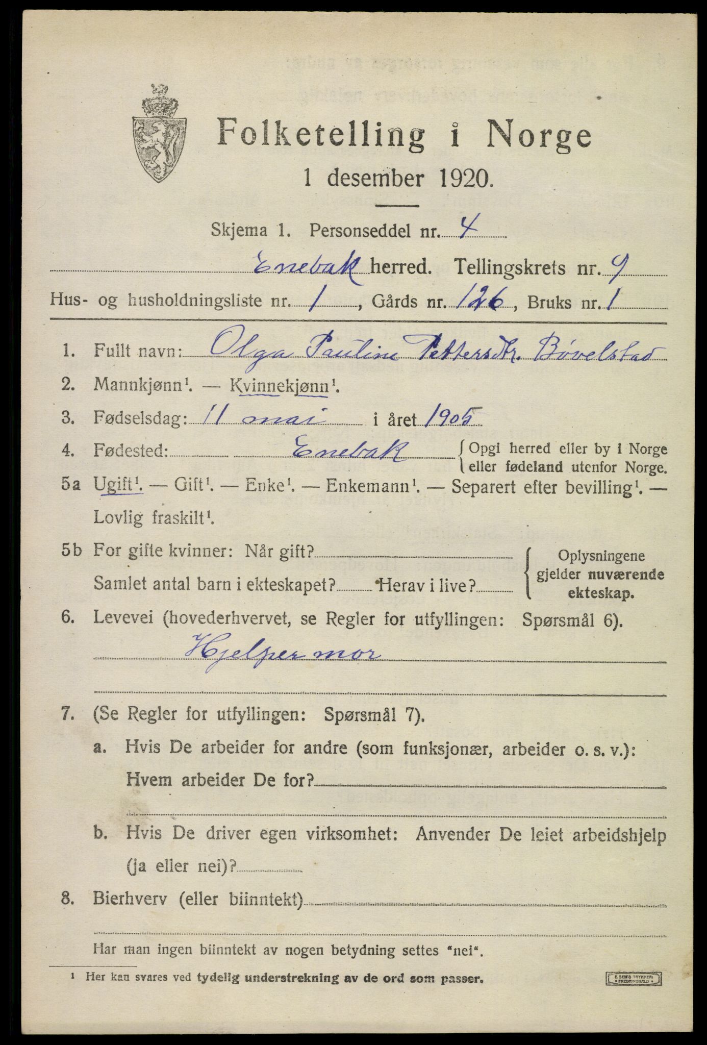 SAO, 1920 census for Enebakk, 1920, p. 7565