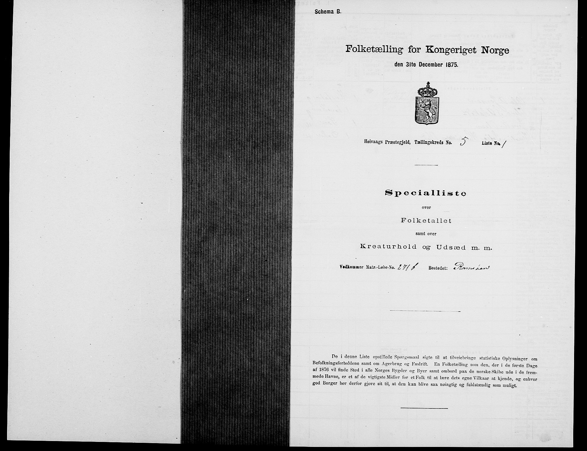 SAK, 1875 census for 0927P Høvåg, 1875, p. 612