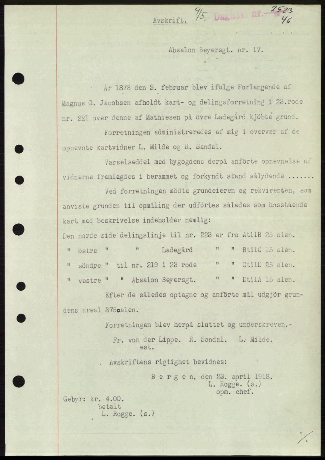 Byfogd og Byskriver i Bergen, SAB/A-3401/03/03Bc/L0022: Mortgage book no. A18, 1946-1946, Diary no: : 2523/1946