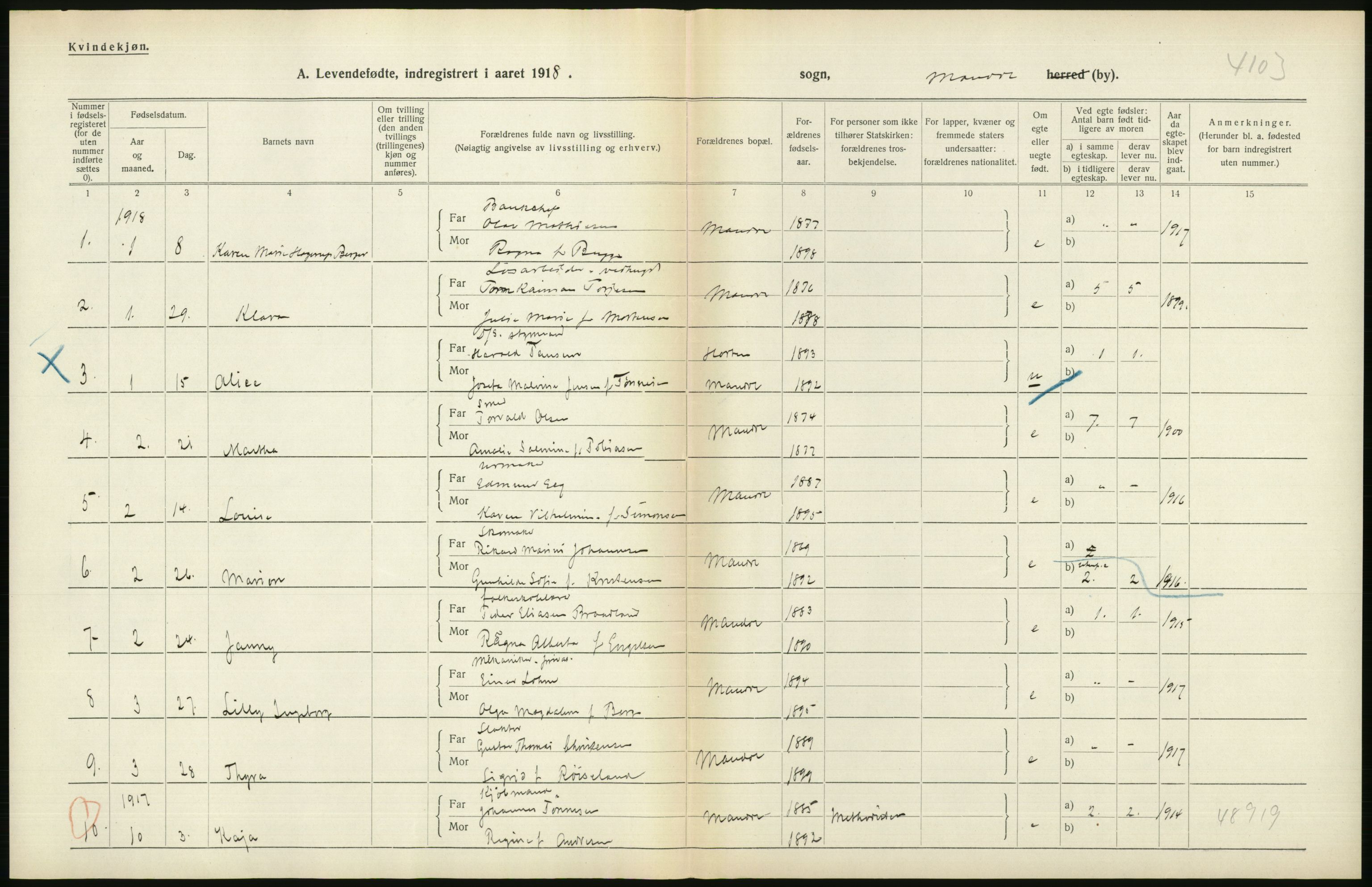 Statistisk sentralbyrå, Sosiodemografiske emner, Befolkning, AV/RA-S-2228/D/Df/Dfb/Dfbh/L0029: Vest-Agder fylke: Levendefødte menn og kvinner, gifte. Bygder og byer., 1918, p. 354