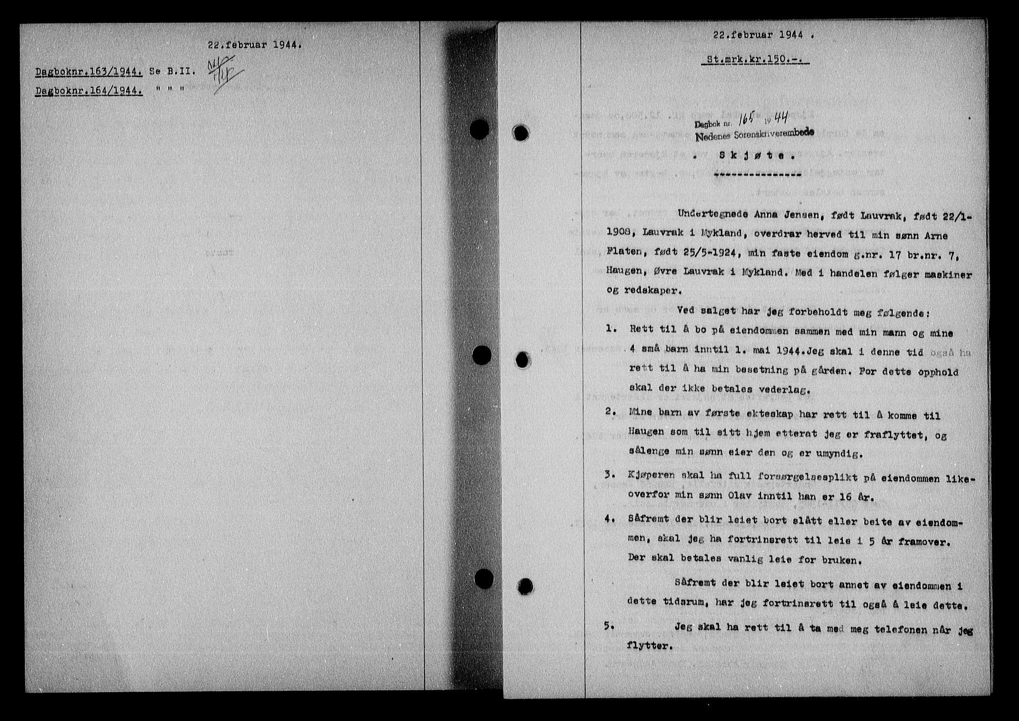 Nedenes sorenskriveri, SAK/1221-0006/G/Gb/Gba/L0051: Mortgage book no. A-V, 1943-1944, Diary no: : 165/1944