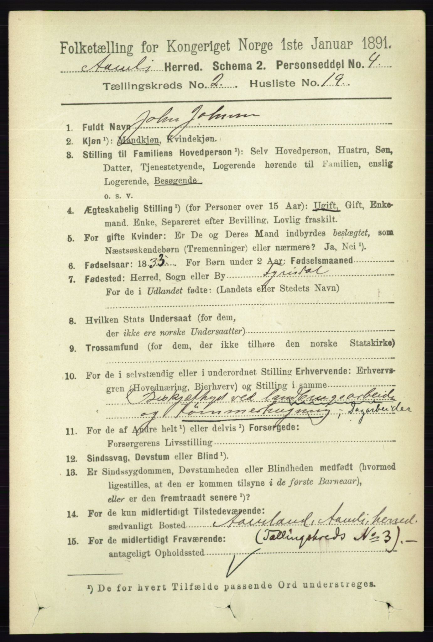 RA, 1891 census for 0929 Åmli, 1891, p. 288