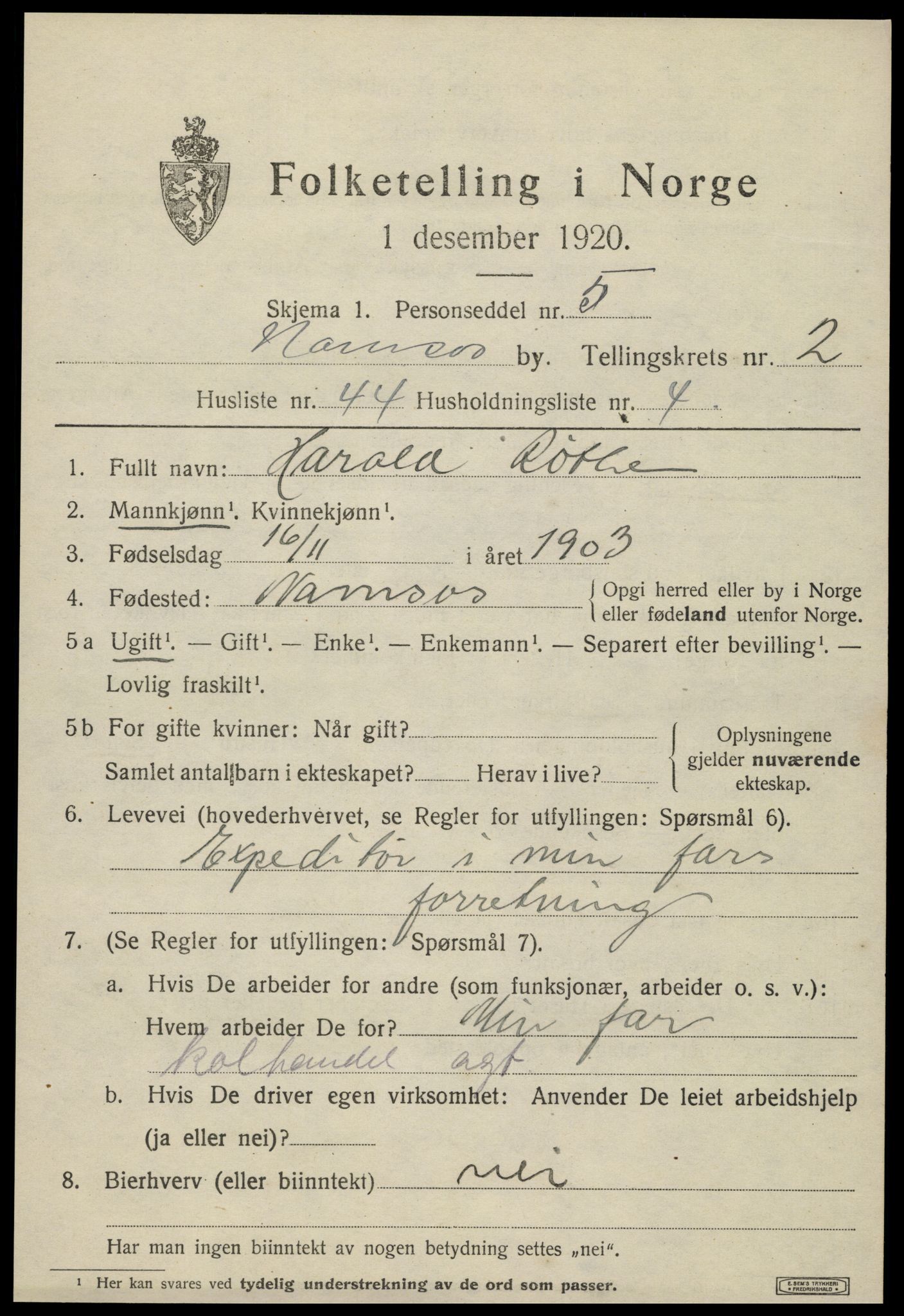 SAT, 1920 census for Namsos, 1920, p. 3739