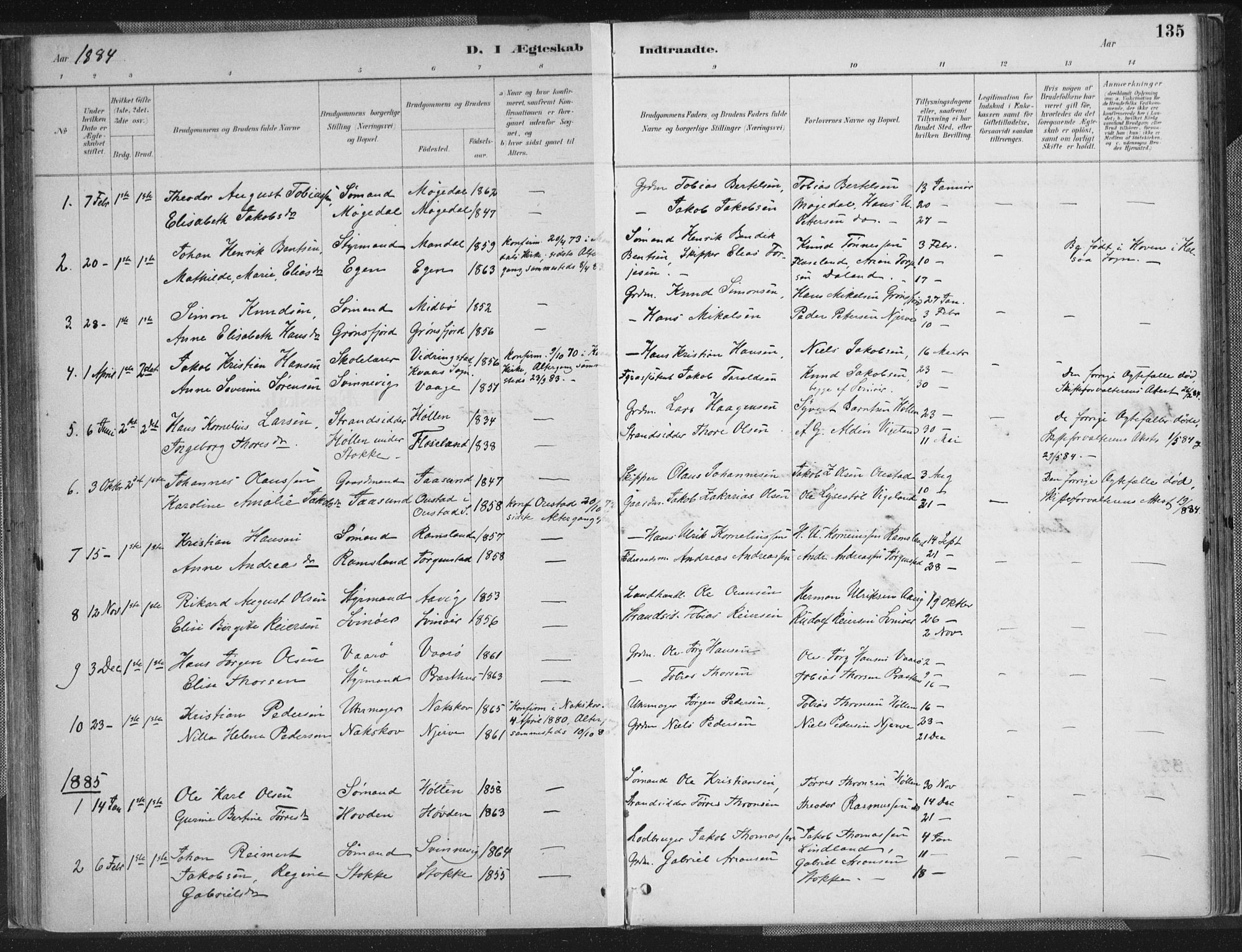 Sør-Audnedal sokneprestkontor, SAK/1111-0039/F/Fa/Faa/L0004: Parish register (official) no. A 4, 1884-1909, p. 135