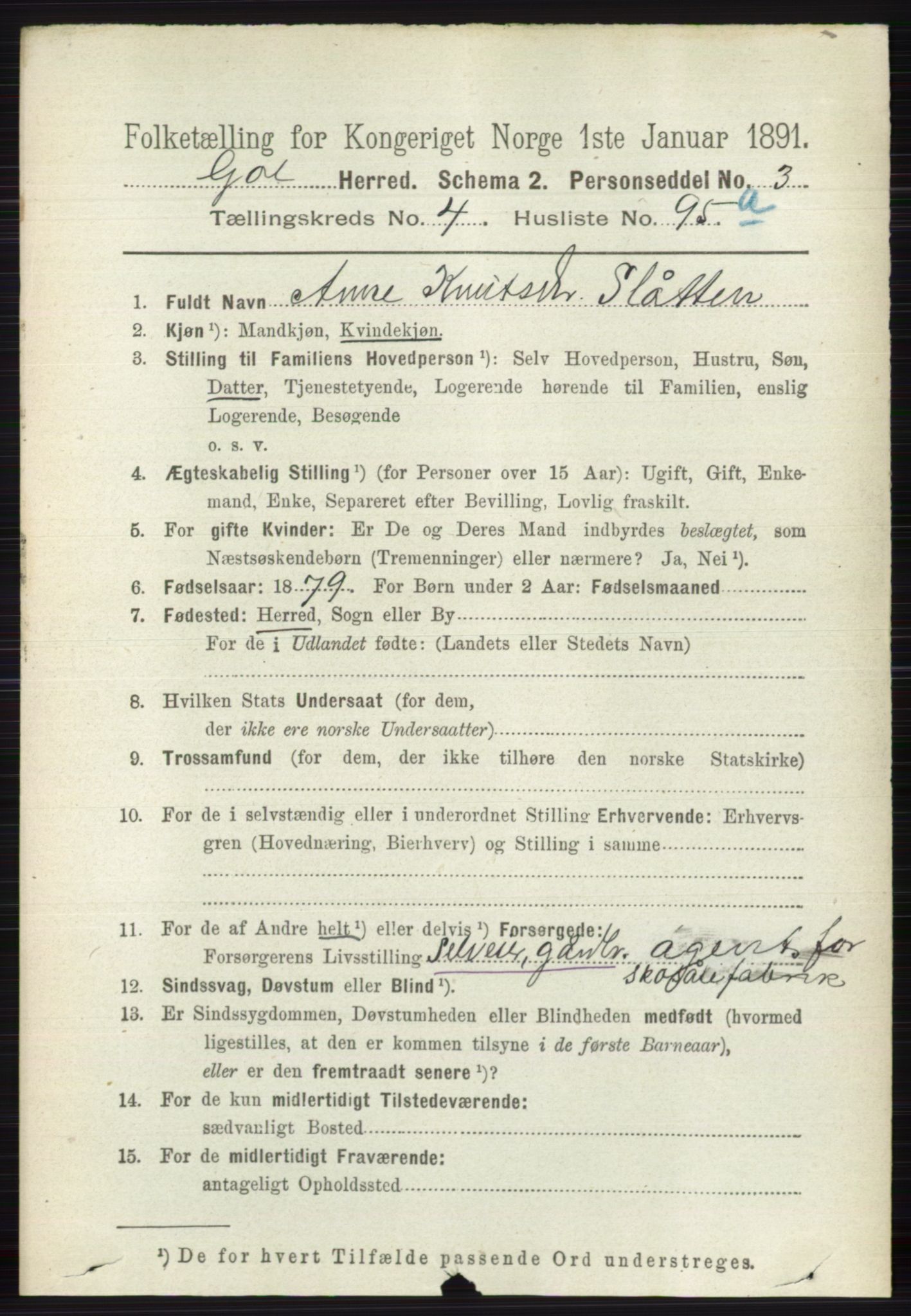 RA, 1891 census for 0617 Gol og Hemsedal, 1891, p. 2288