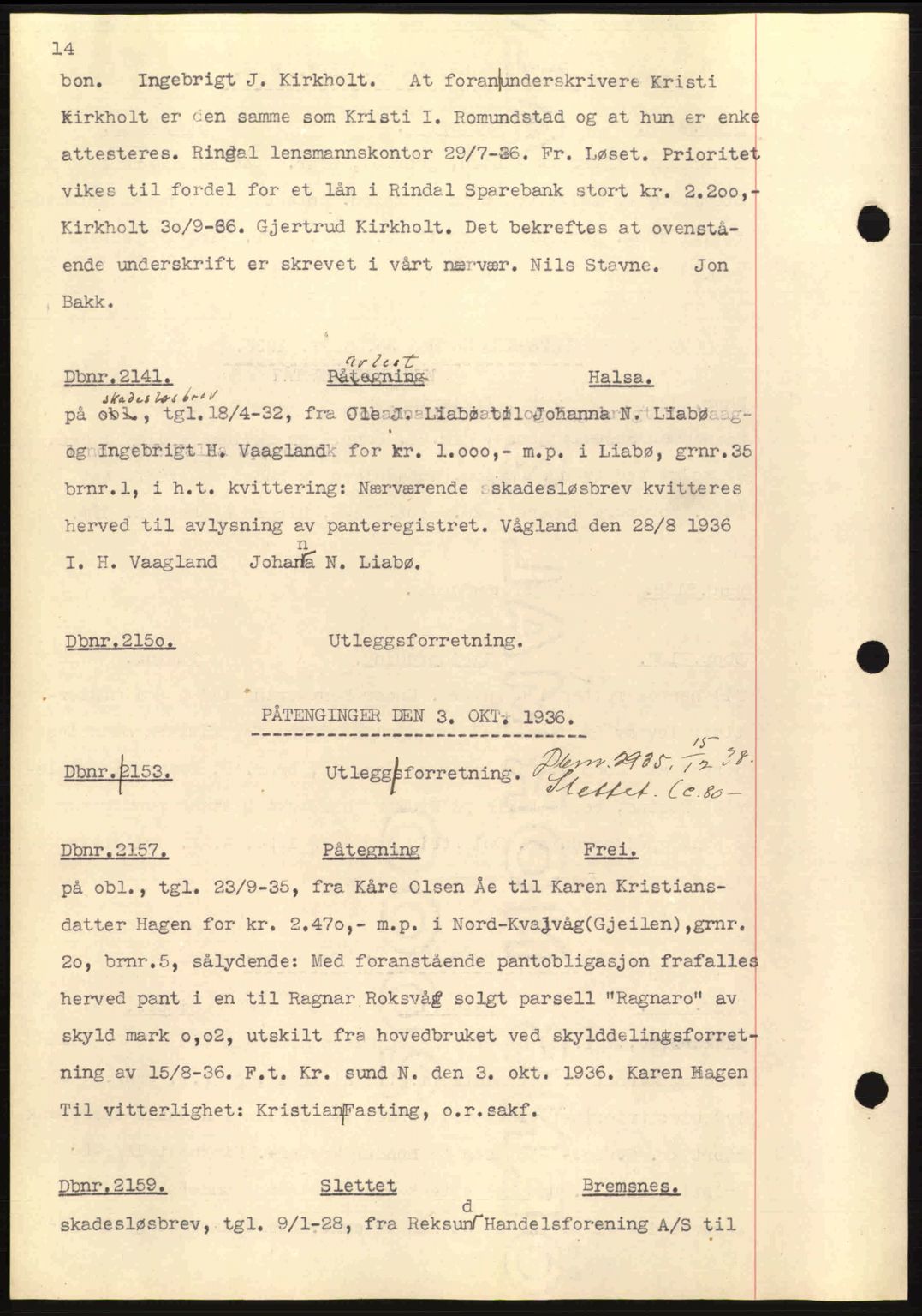 Nordmøre sorenskriveri, AV/SAT-A-4132/1/2/2Ca: Mortgage book no. C80, 1936-1939, Diary no: : 2141/1936