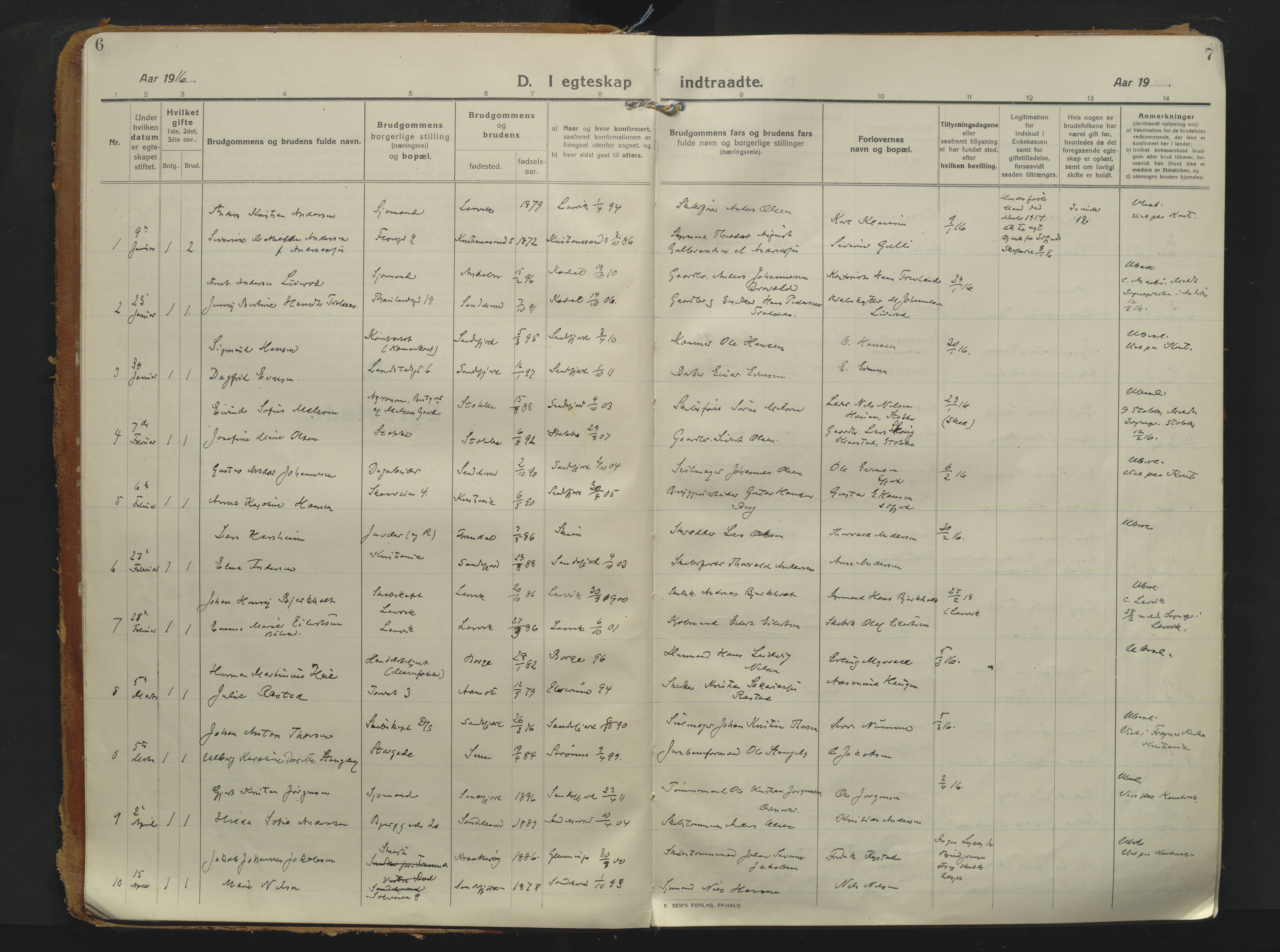 Sandefjord kirkebøker, SAKO/A-315/F/Fa/L0008: Parish register (official) no. 8, 1916-1926, p. 6-7
