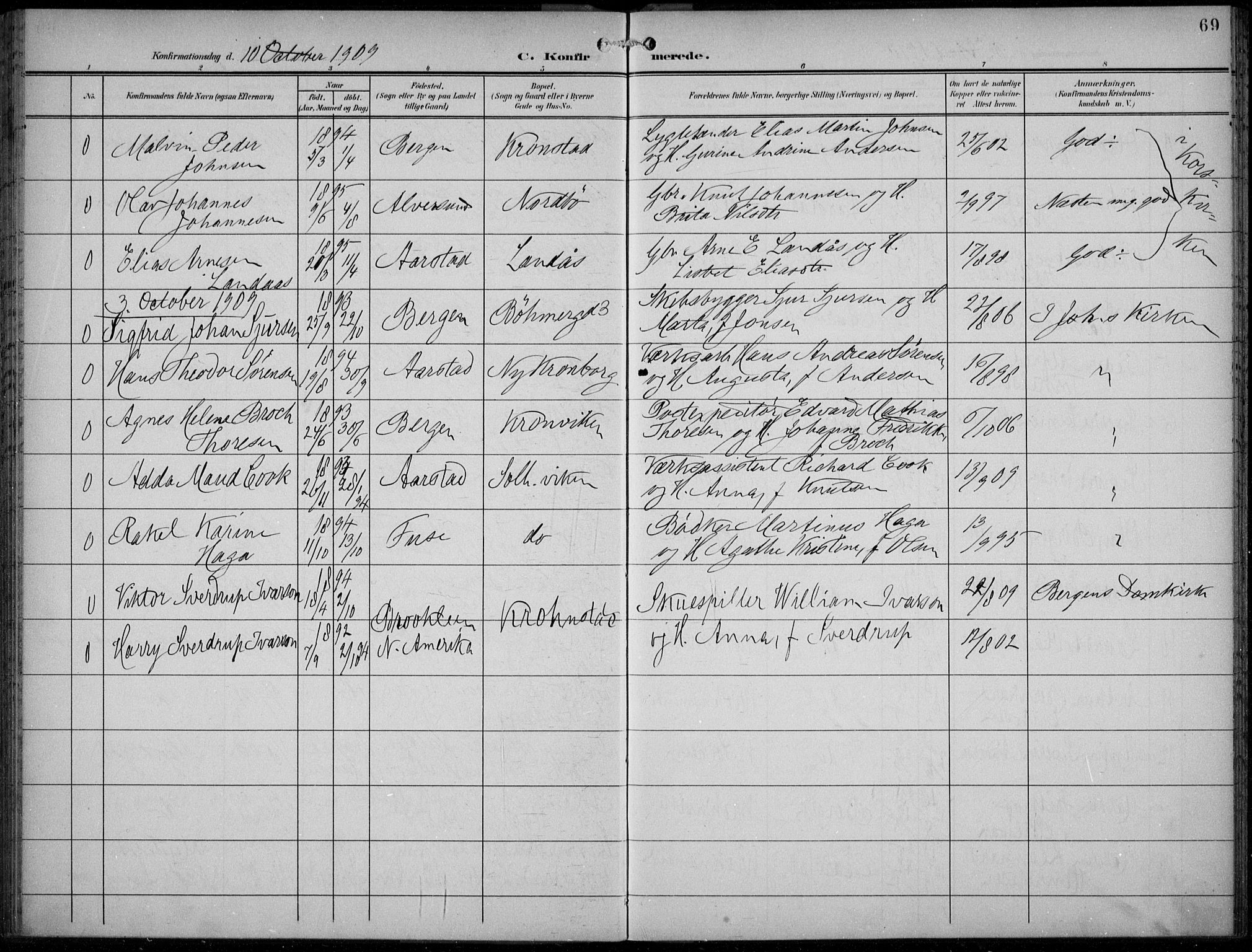 Årstad Sokneprestembete, AV/SAB-A-79301/H/Haa/L0007: Parish register (official) no. B 2, 1901-1914, p. 69