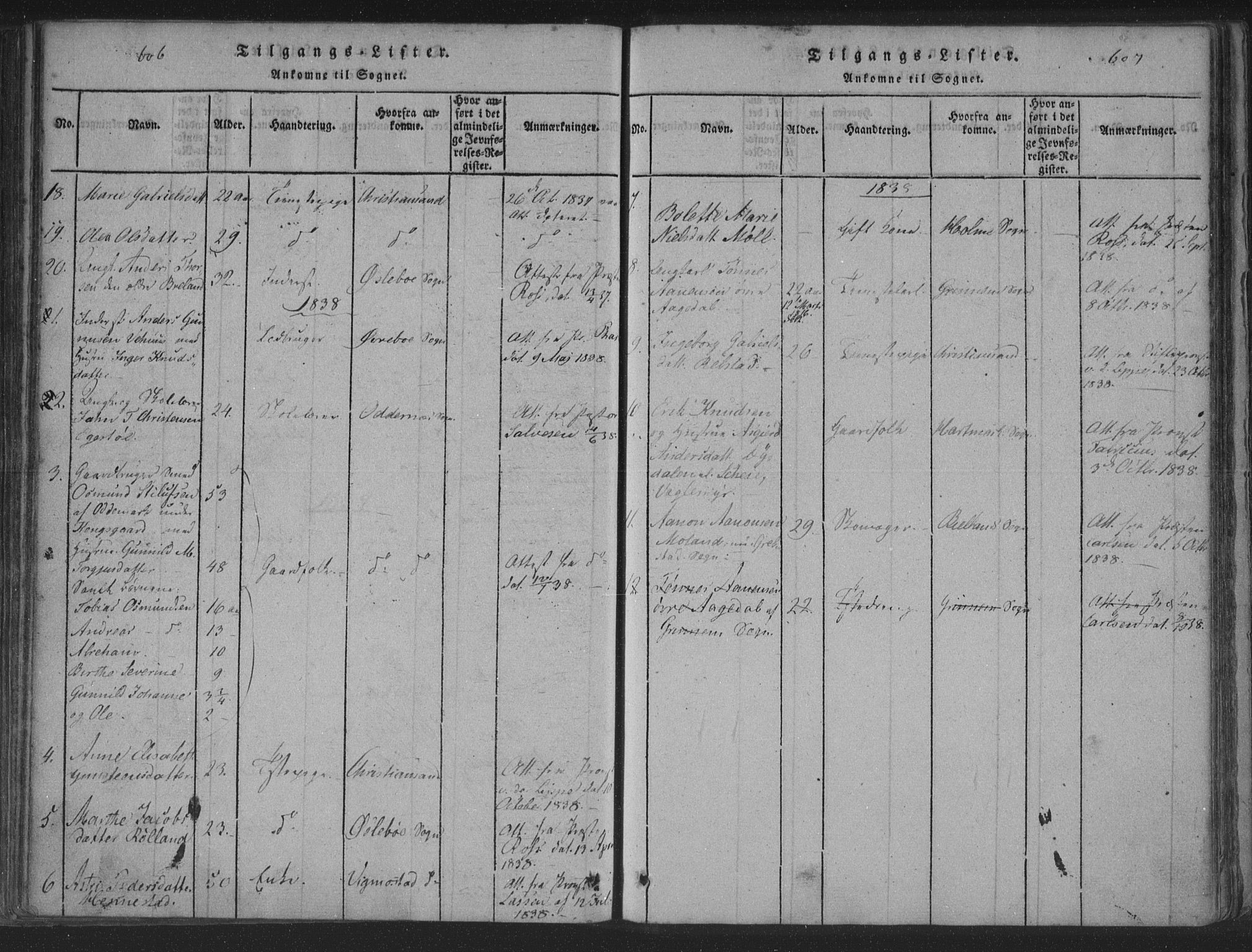 Søgne sokneprestkontor, SAK/1111-0037/F/Fa/Fab/L0008: Parish register (official) no. A 8, 1821-1838, p. 606-607