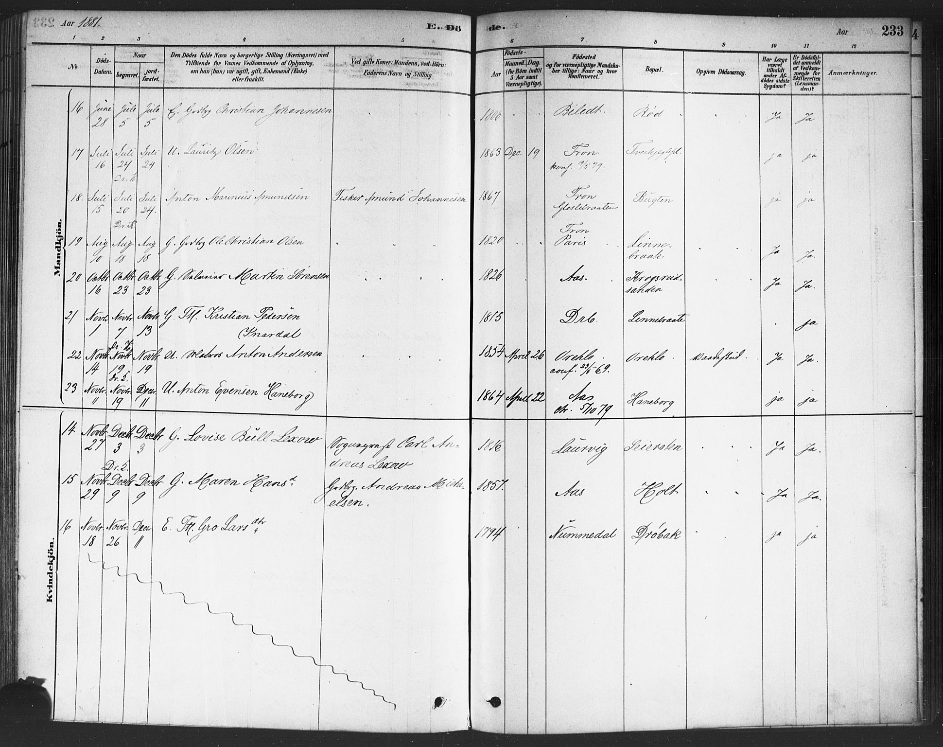 Drøbak prestekontor Kirkebøker, SAO/A-10142a/F/Fc/L0002: Parish register (official) no. III 2, 1878-1891, p. 233