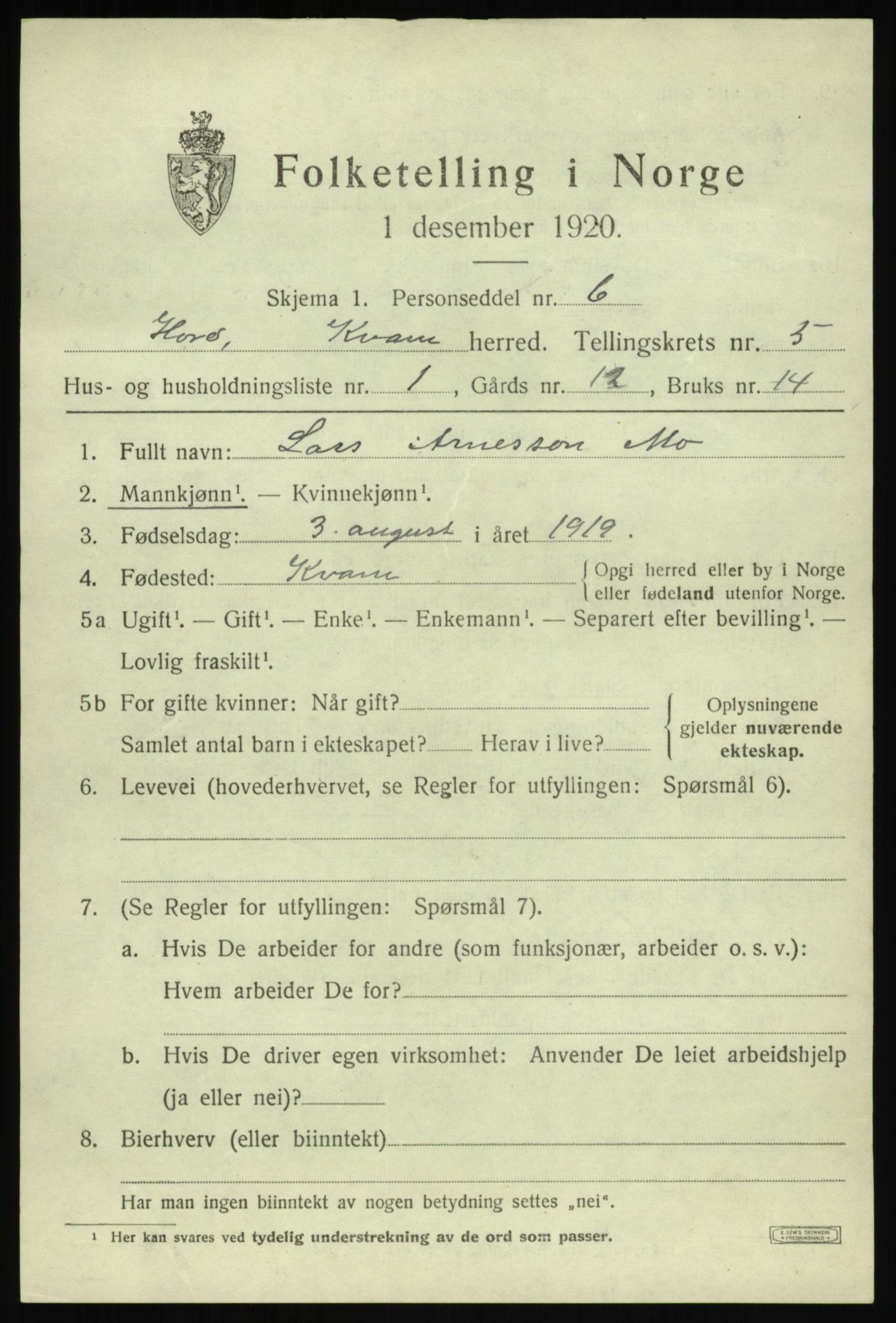 SAB, 1920 census for Kvam, 1920, p. 3781