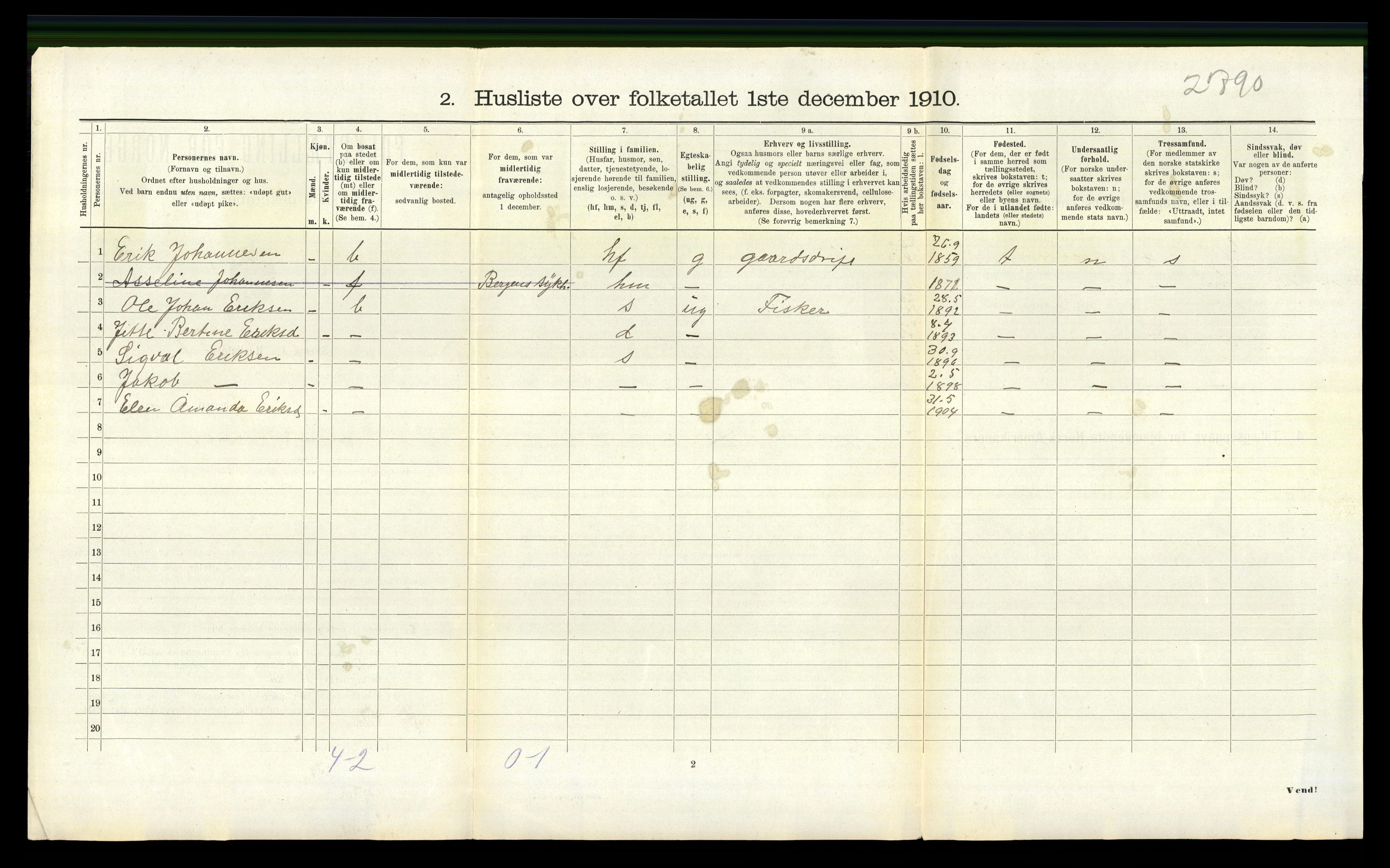 RA, 1910 census for Sveio, 1910, p. 425