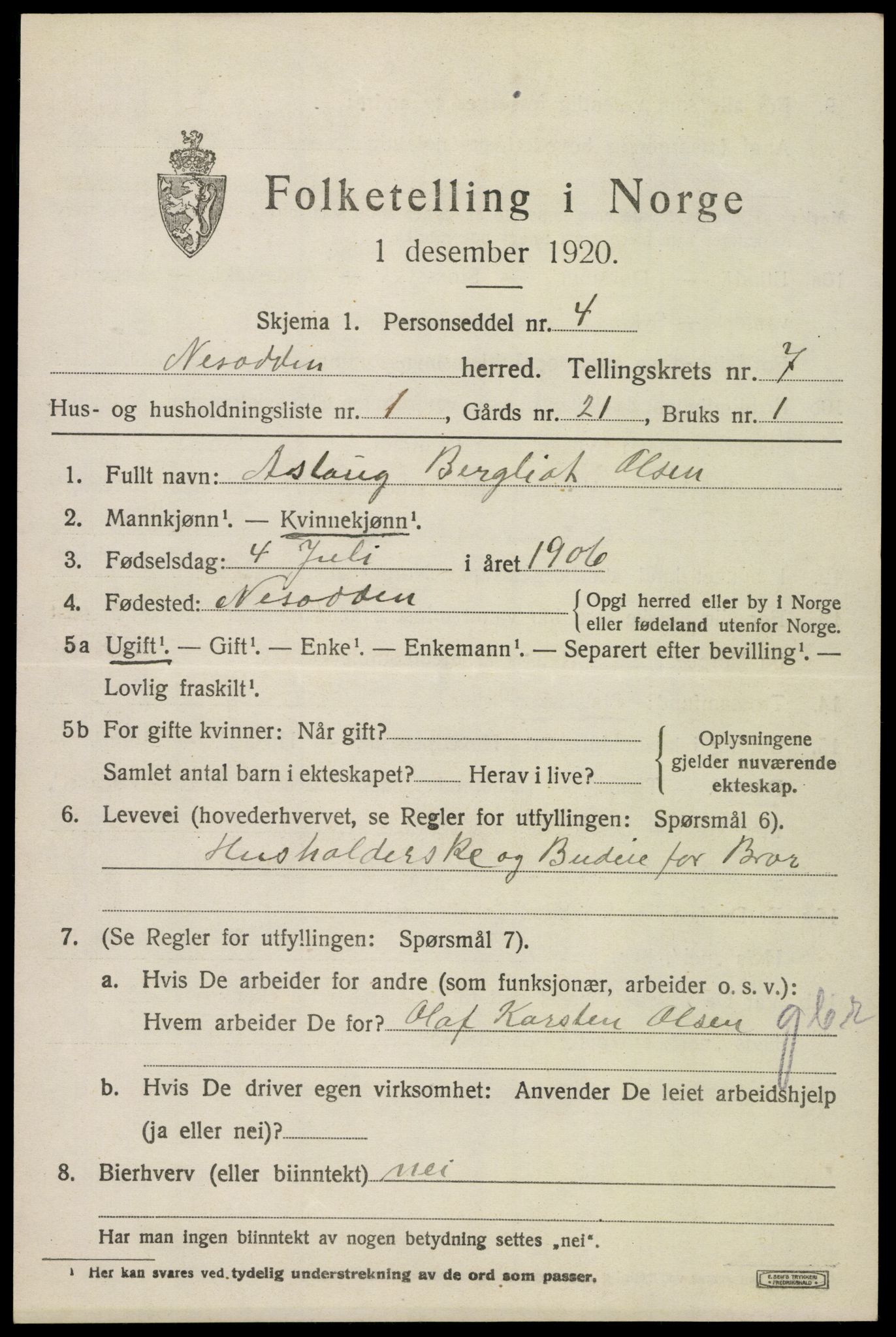 SAO, 1920 census for Nesodden, 1920, p. 5737