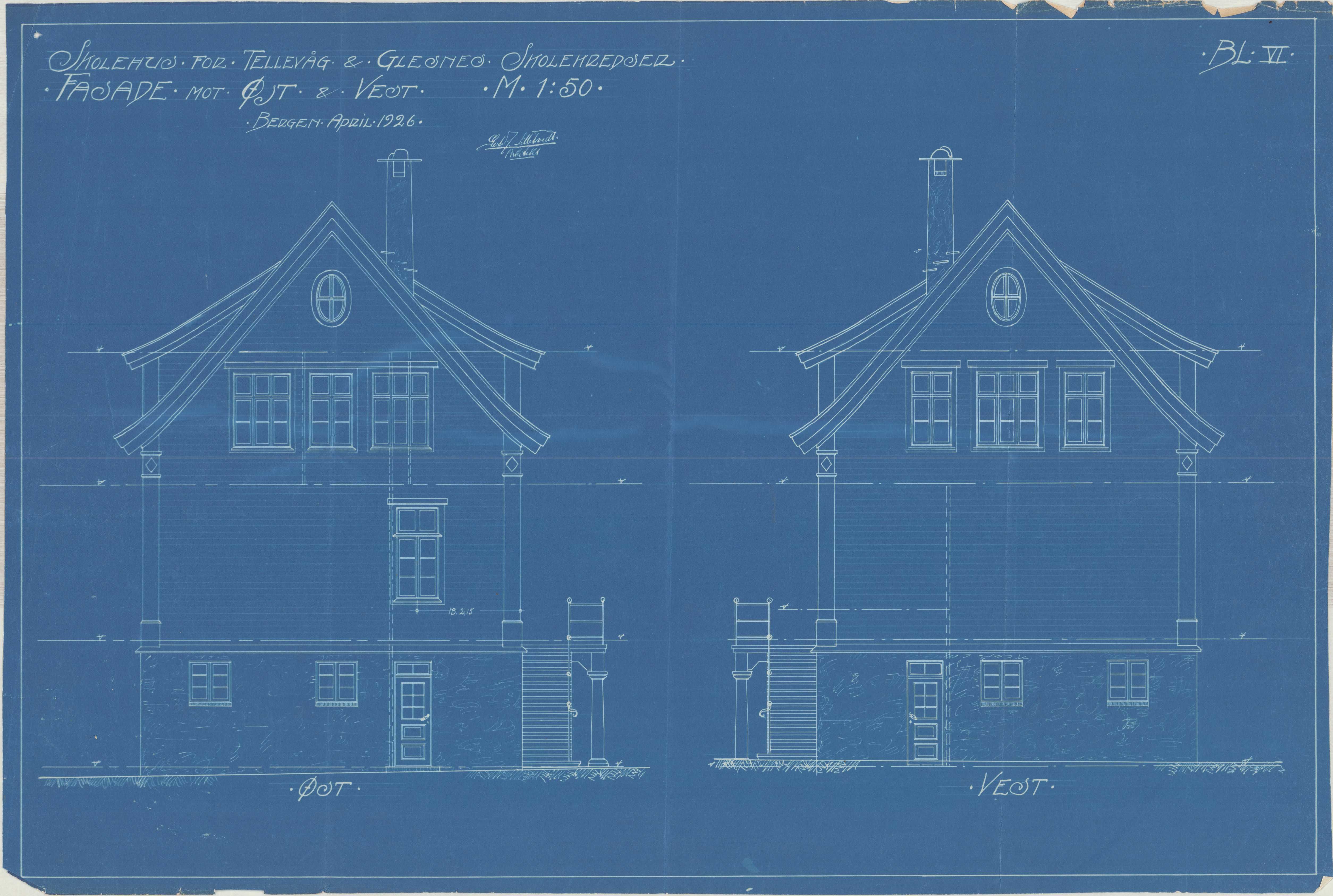 Sund kommune. Formannskapet, IKAH/1245-021/T/Ta/L0001/0006: Teikningar / Televåg og Glesnes skule, 1926