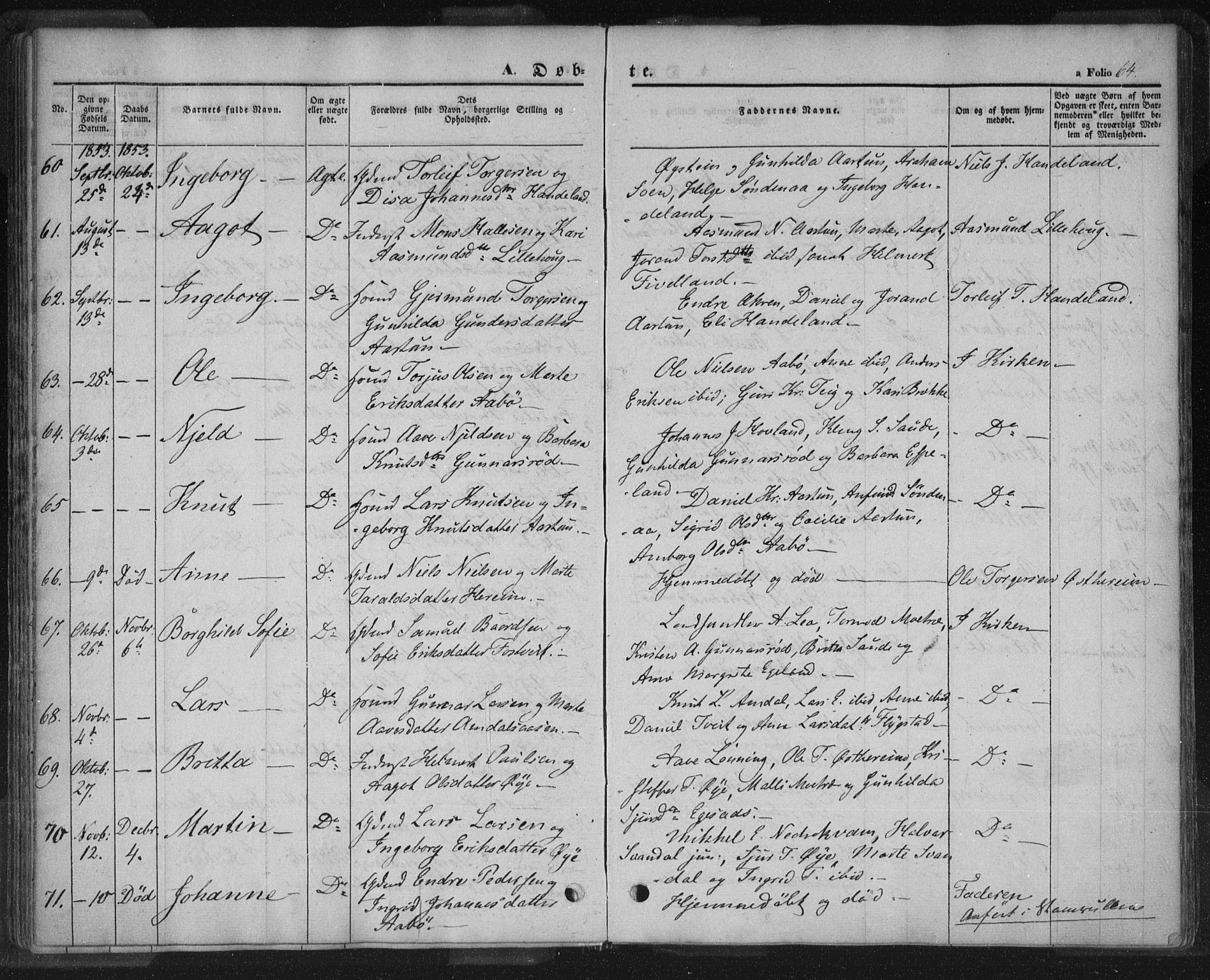 Sand sokneprestkontor, AV/SAST-A-101848/01/III/L0002: Parish register (official) no. A 2, 1838-1859, p. 64