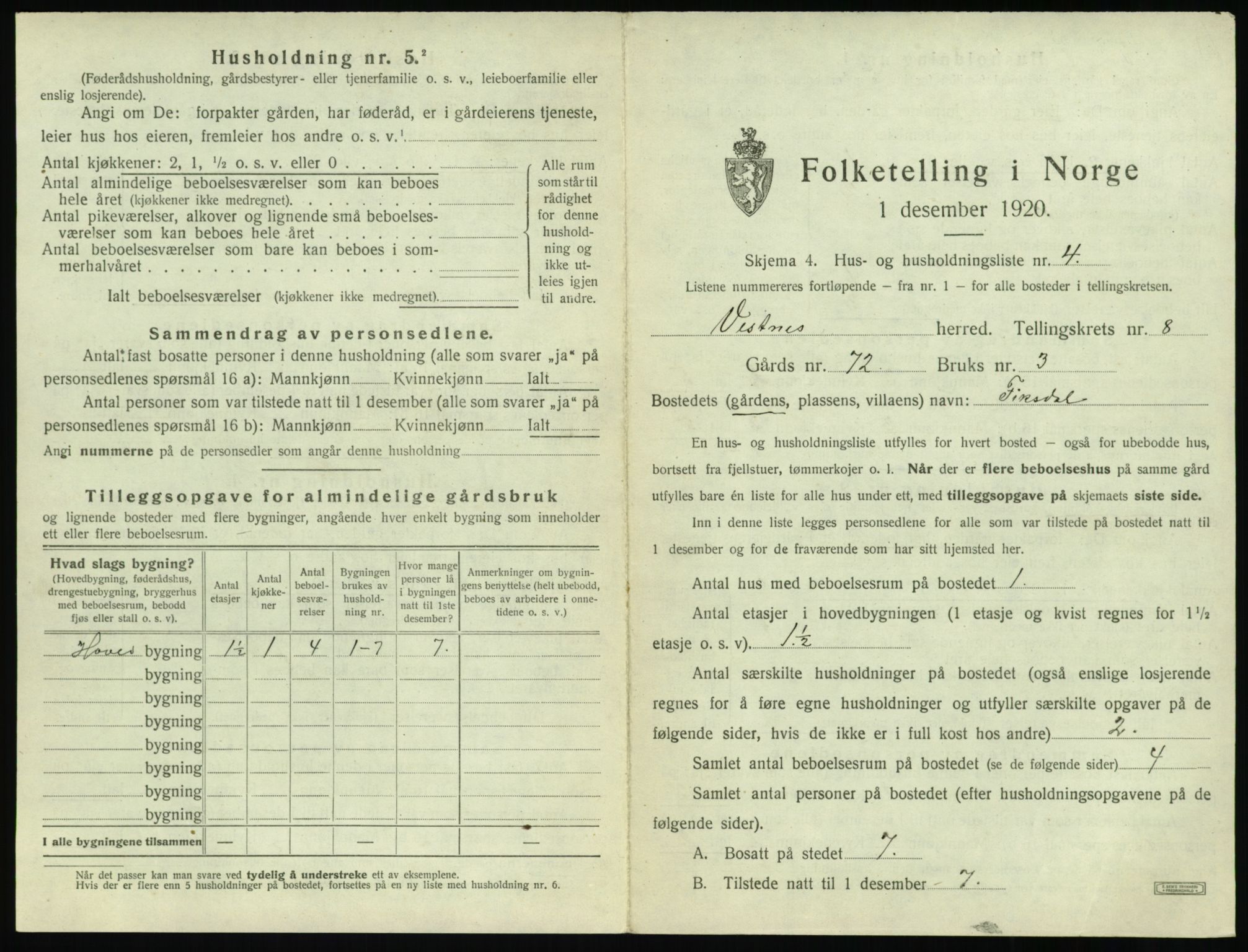 SAT, 1920 census for Vestnes, 1920, p. 873