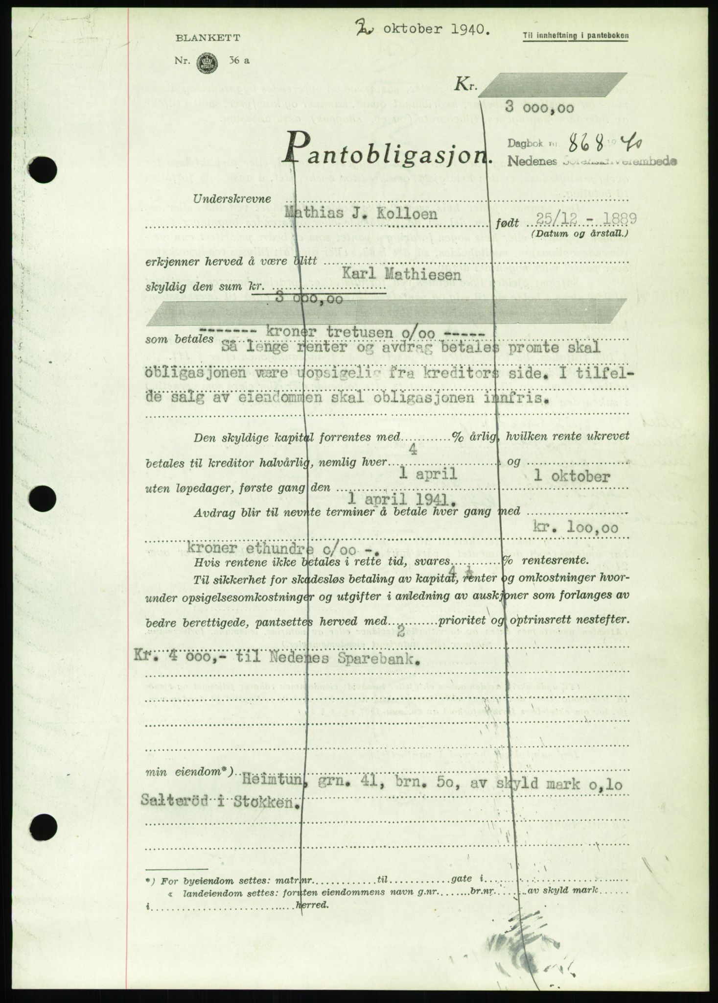 Nedenes sorenskriveri, AV/SAK-1221-0006/G/Gb/Gbb/L0001: Mortgage book no. I, 1939-1942, Diary no: : 868/1940