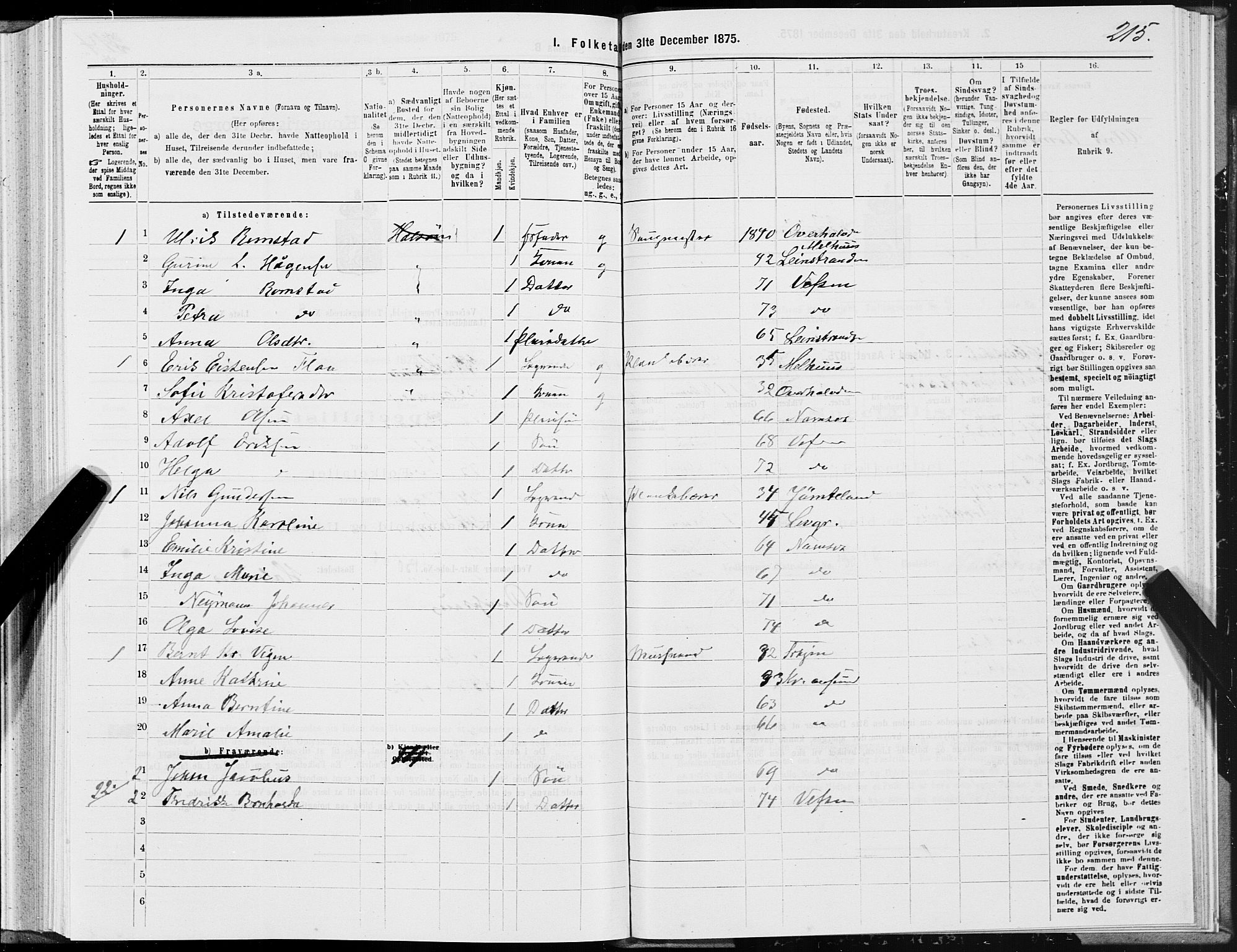 SAT, 1875 census for 1824L Vefsn/Vefsn, 1875, p. 2215