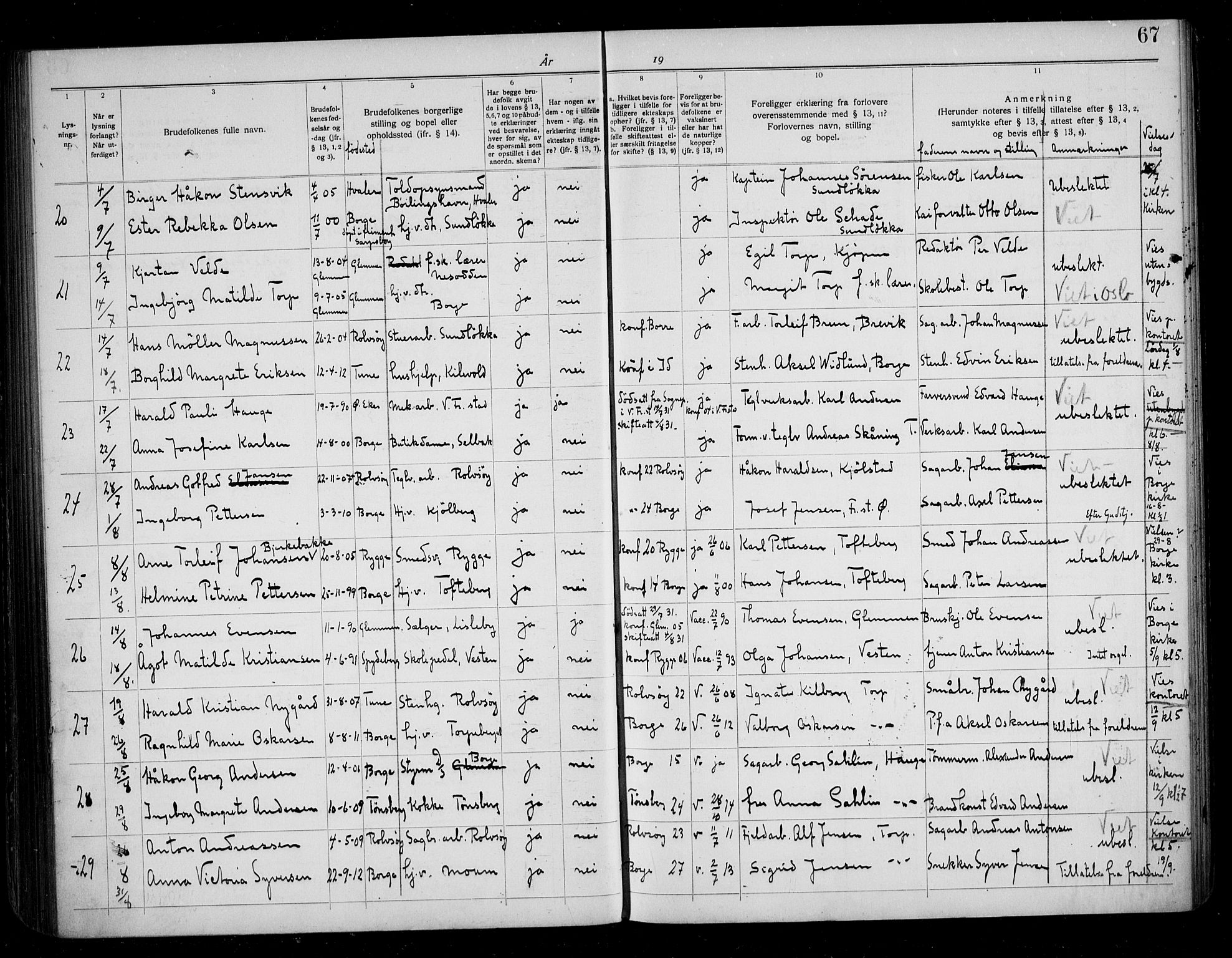 Borge prestekontor Kirkebøker, SAO/A-10903/H/Ha/L0001: Banns register no. I 1, 1919-1936, p. 67