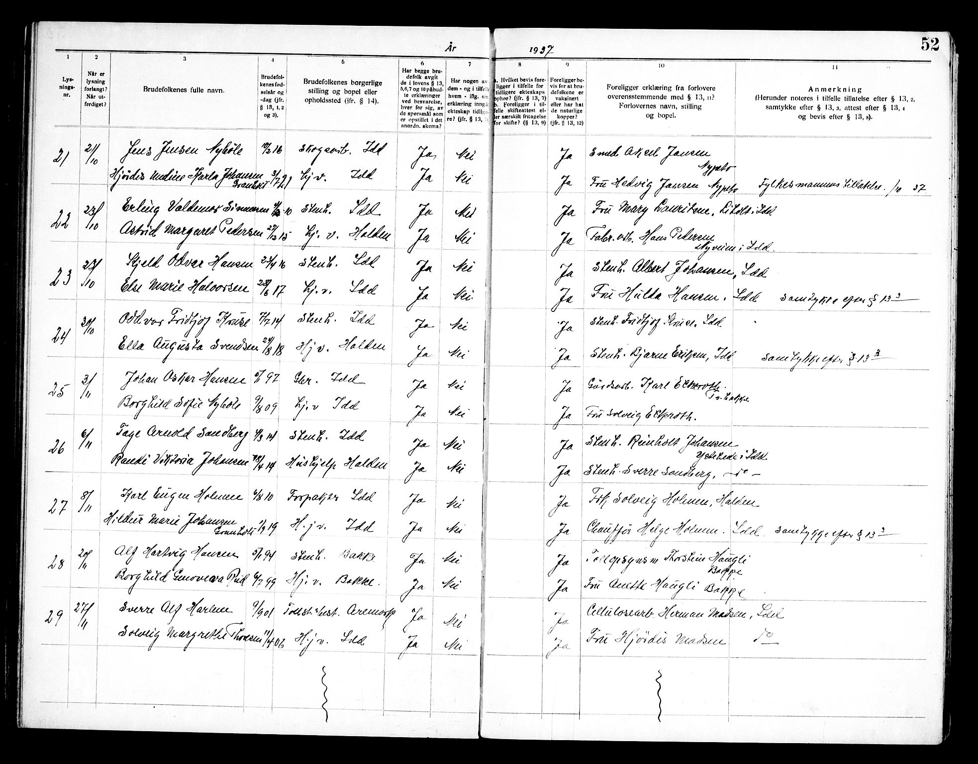 Idd prestekontor Kirkebøker, SAO/A-10911/H/Ha/L0002: Banns register no. I 2, 1919-1958, p. 52