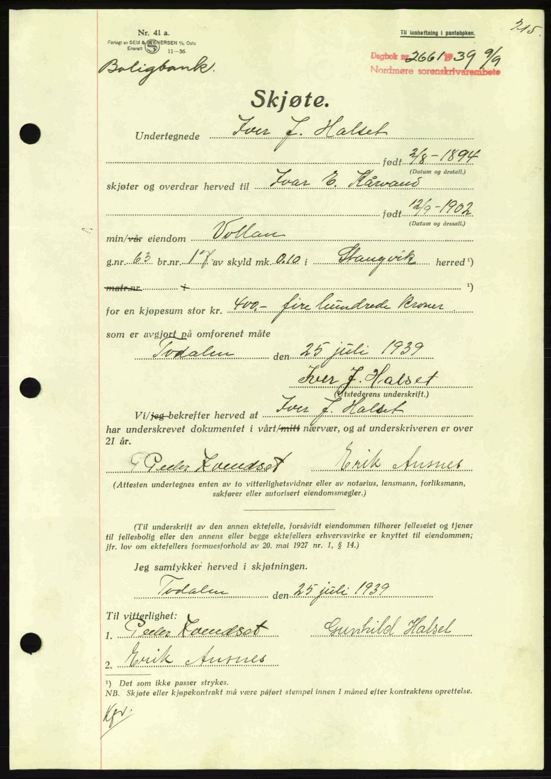 Nordmøre sorenskriveri, AV/SAT-A-4132/1/2/2Ca: Mortgage book no. A87, 1939-1940, Diary no: : 2661/1939